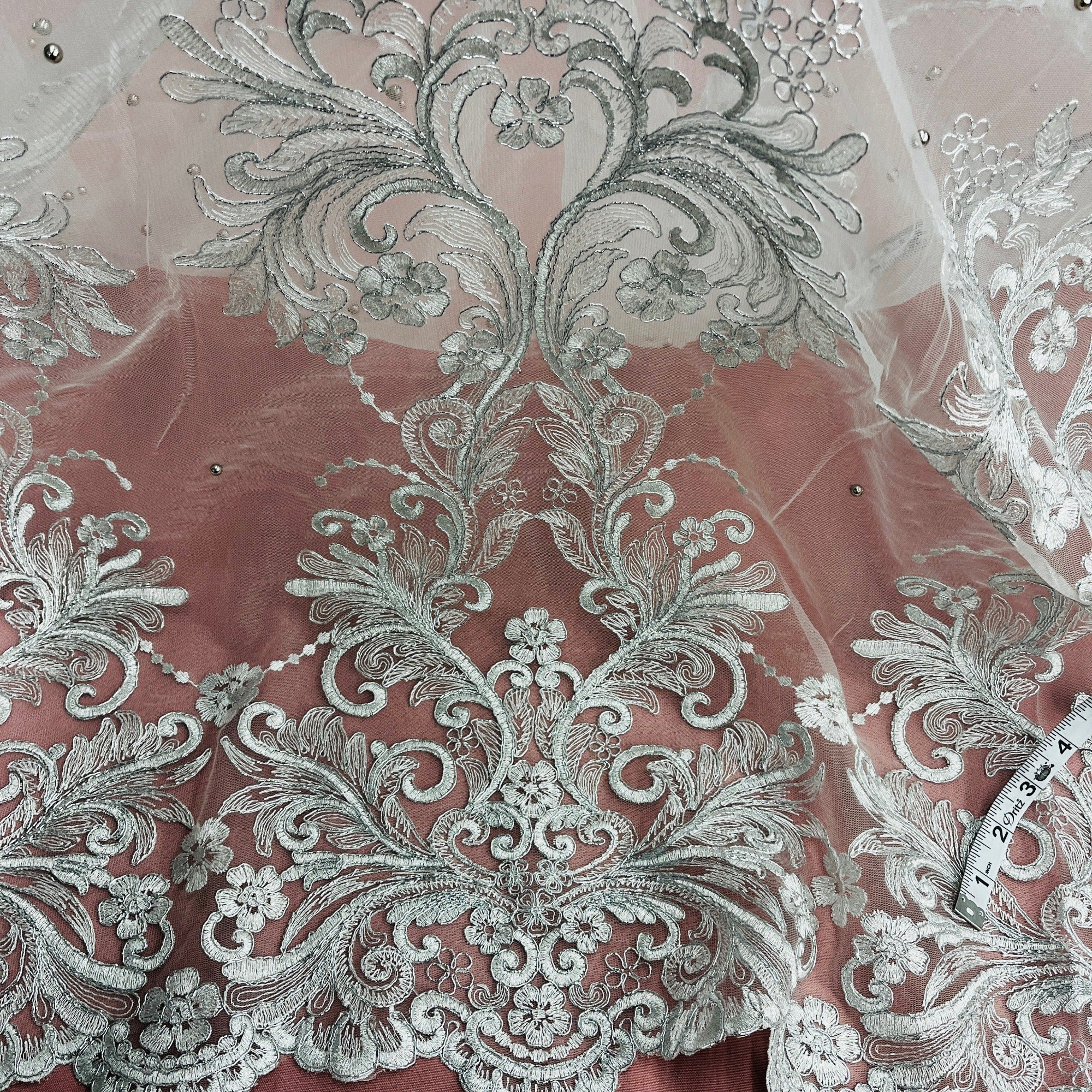 Beaded & Corded Bridal Lace Fabric Embroidered on 100% Polyester Net Mesh | Lace USA - 73013W-NB