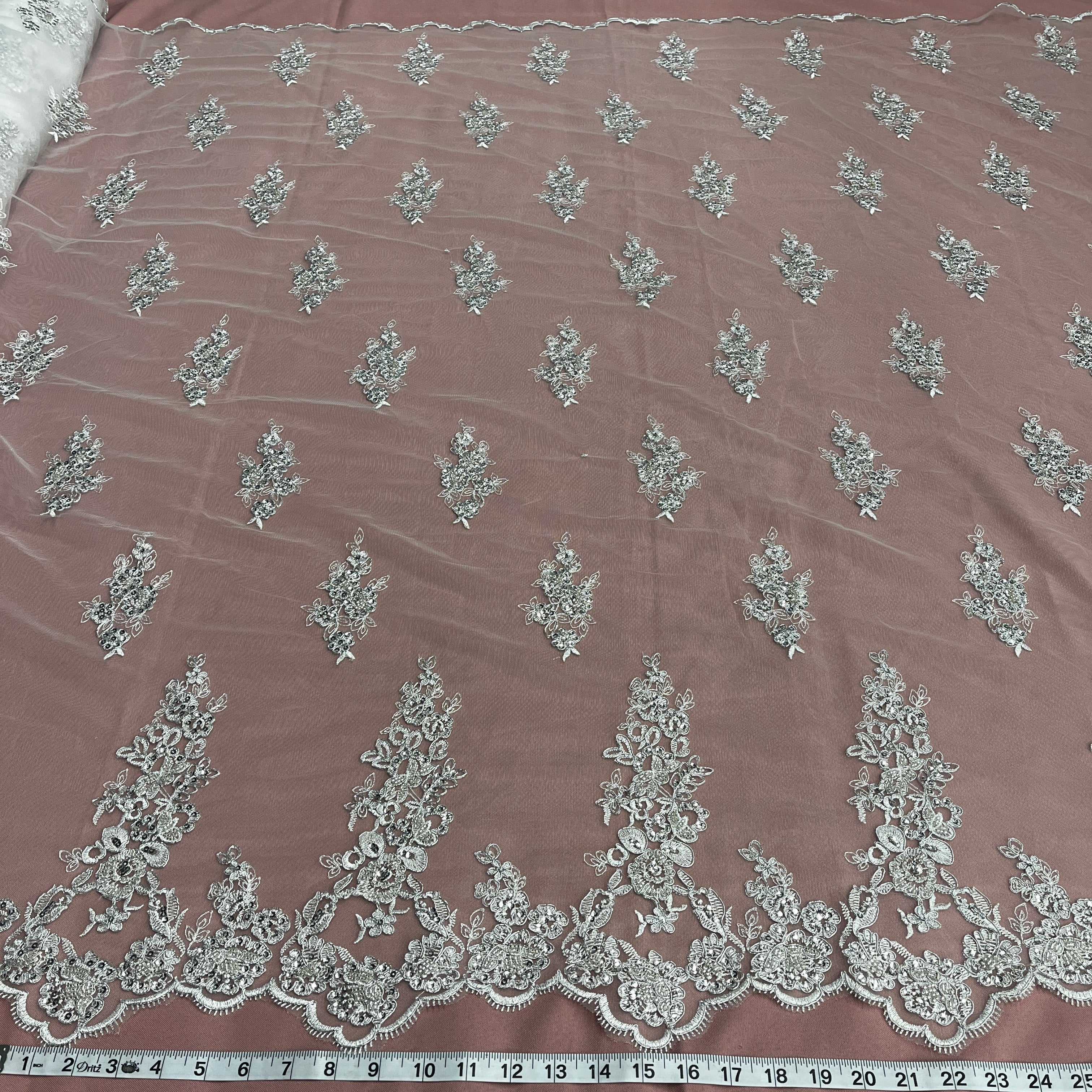 Beaded & Corded Floral Bridal Lace Fabric with Scalloped Border on Net Mesh | Lace USA - 91443W-HB