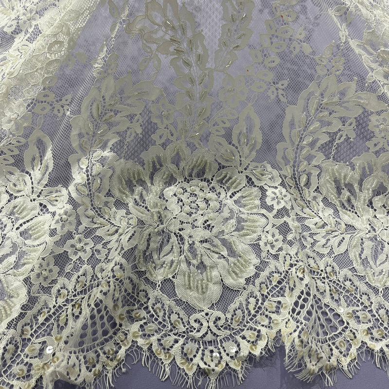 Beaded Chantilly Embroidered Lace Fabric with Eyelash Scallop - 3 Yards | Lace USA - GD-316