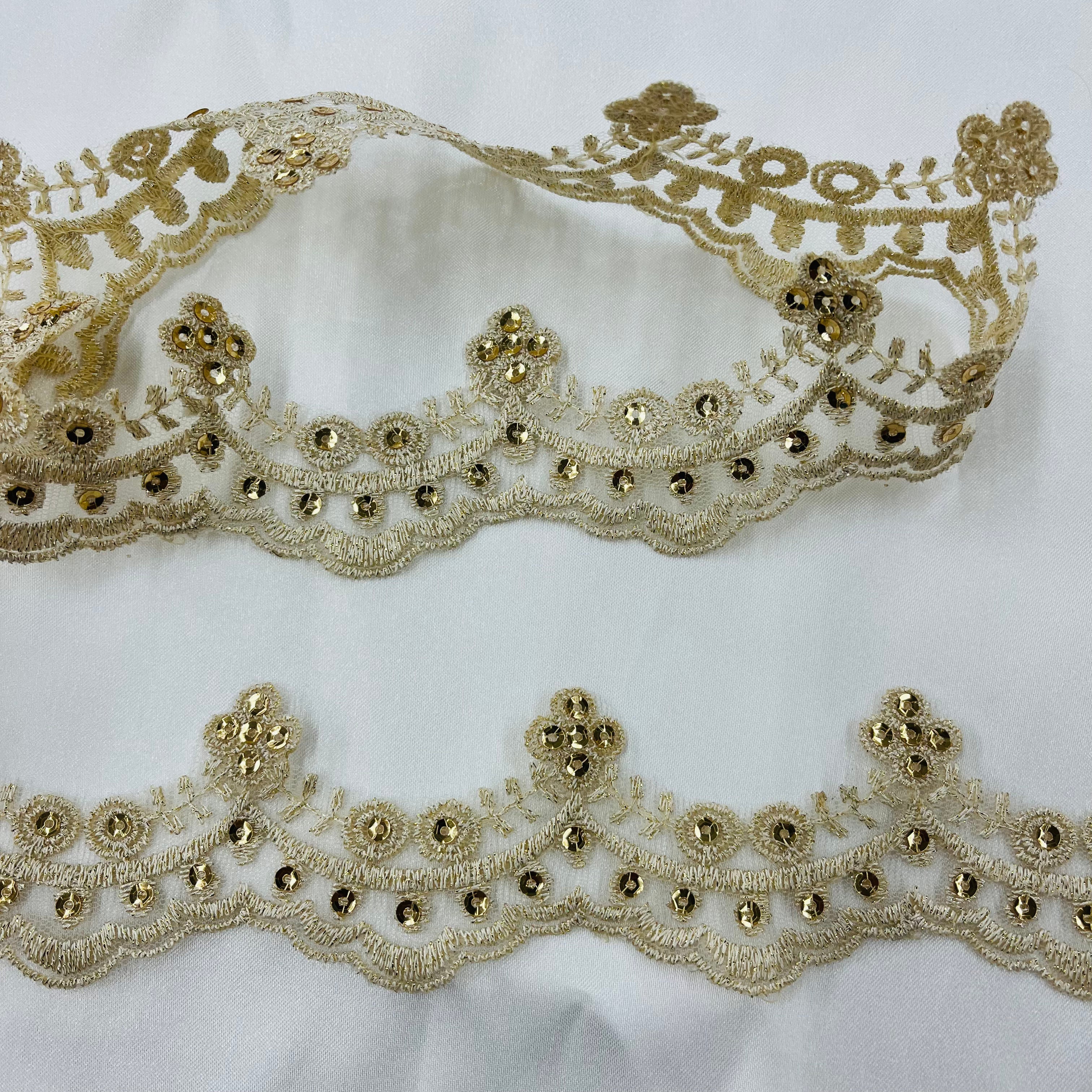 Sequin Beaded Lace Trimming Embroidered on 100% Polyester Net Mesh | Lace USA - KZ-49W-SB