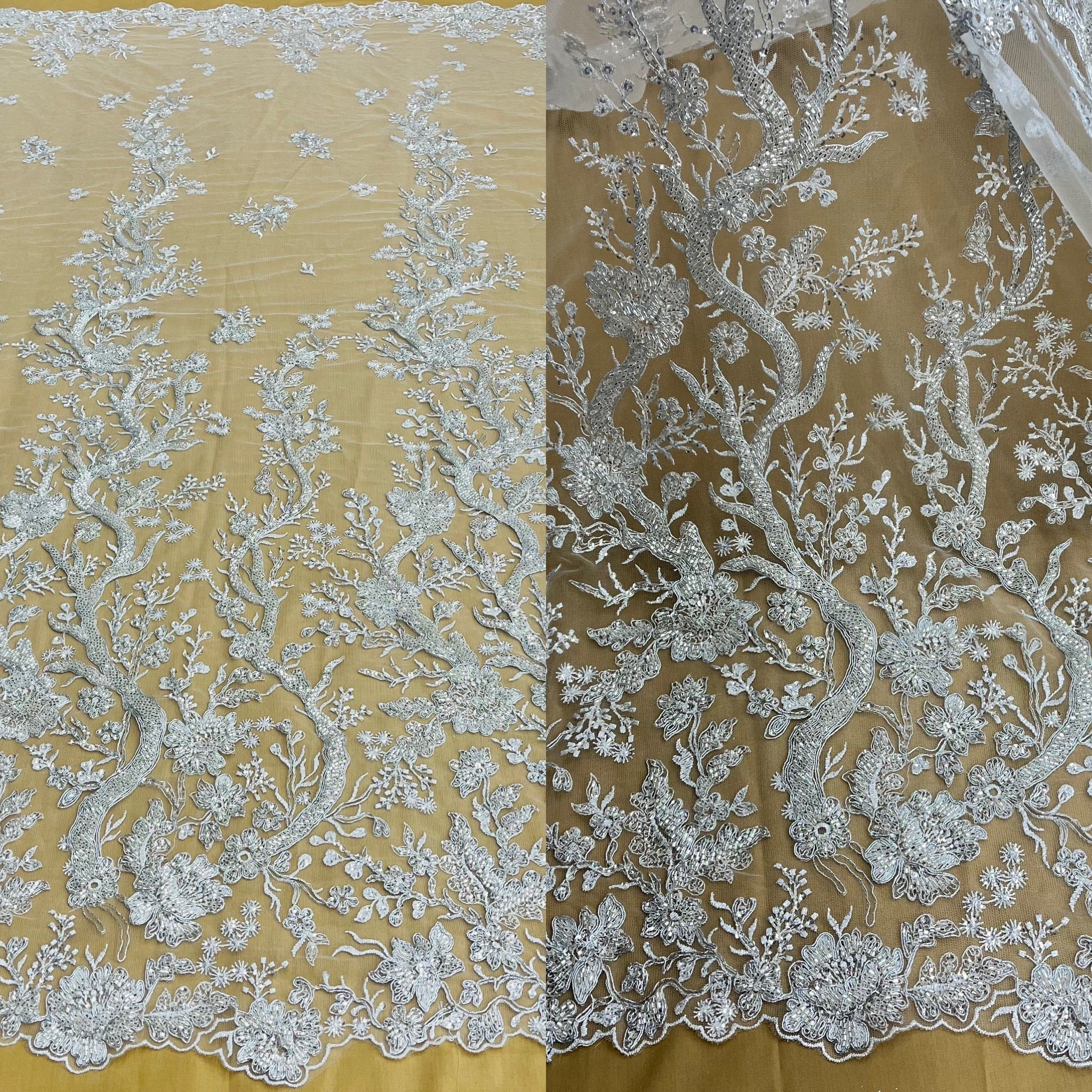 Beaded & Corded Bridal Lace Fabric Embroidered on 100% Polyester Net Mesh | Lace USA - GD-12267