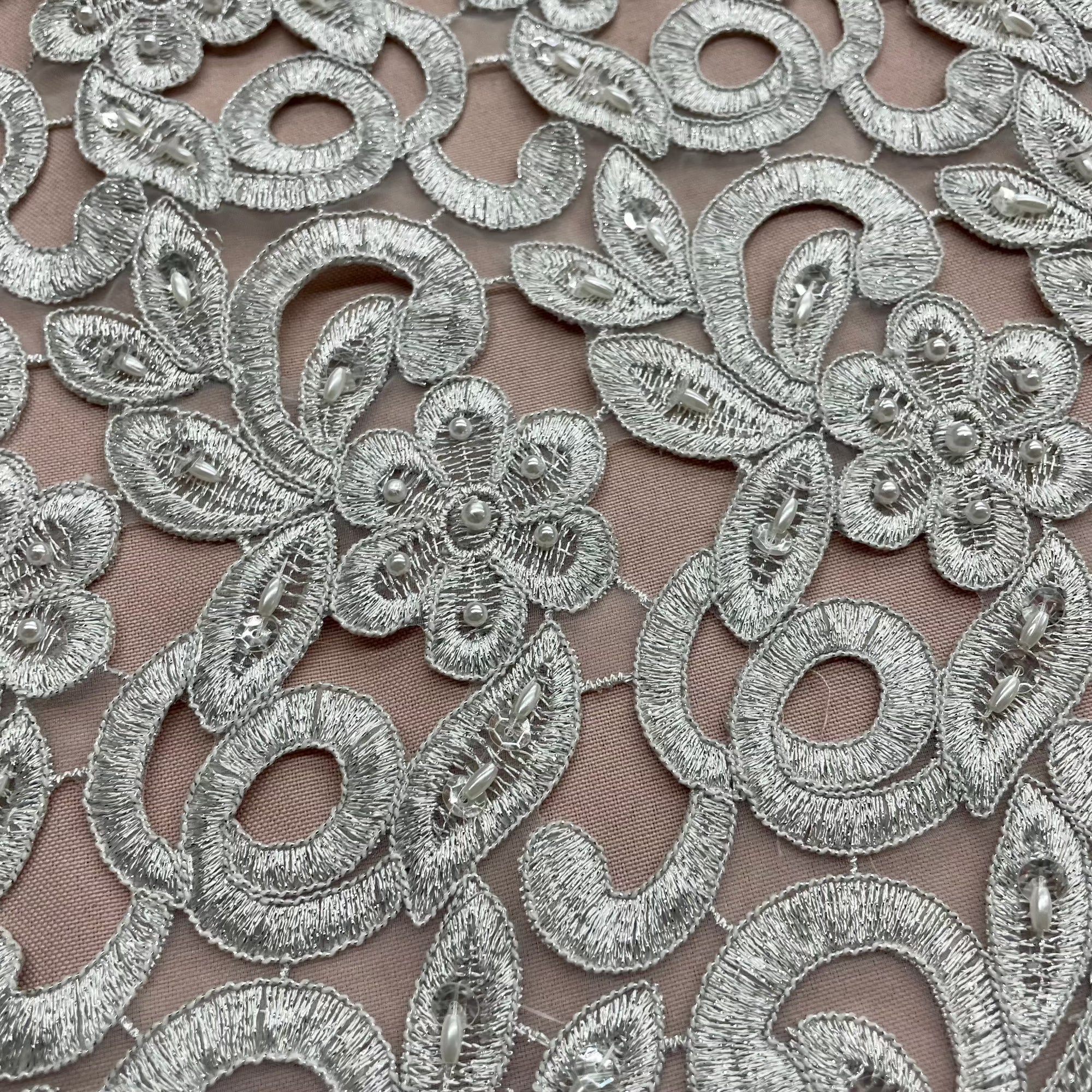 Beaded & Corded Bridal Lace Fabric Embroidered on 100% Polyester Net Mesh | Lace USA -90726N-BP