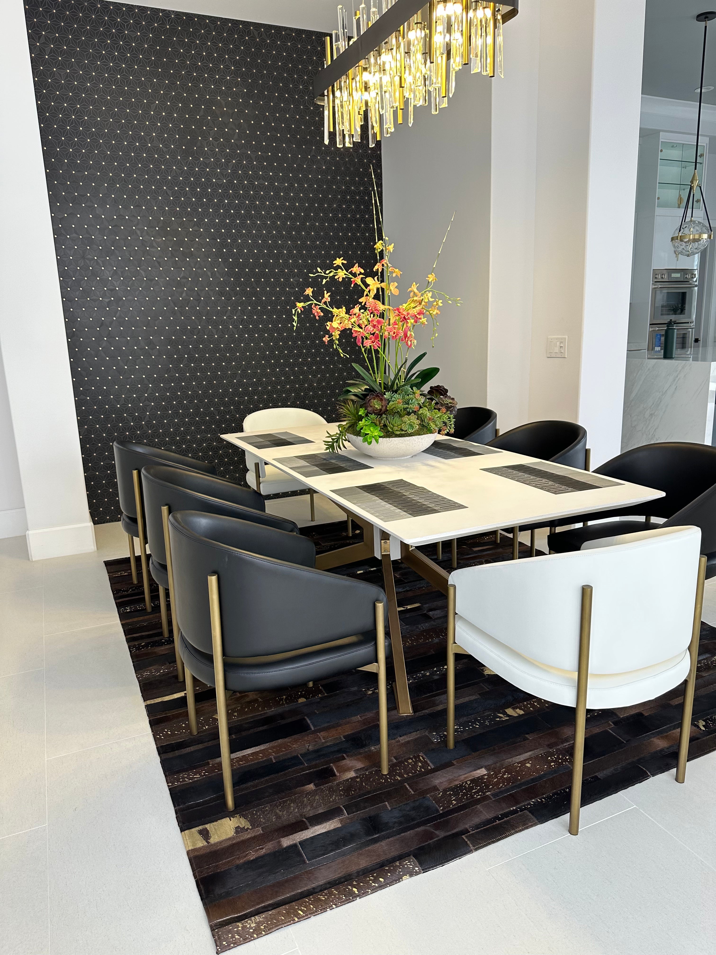 Geometric Cowhide Patchwork Rug – Deep Brown & Auburn Stripes with Gold Accents - Patchwork PCH213