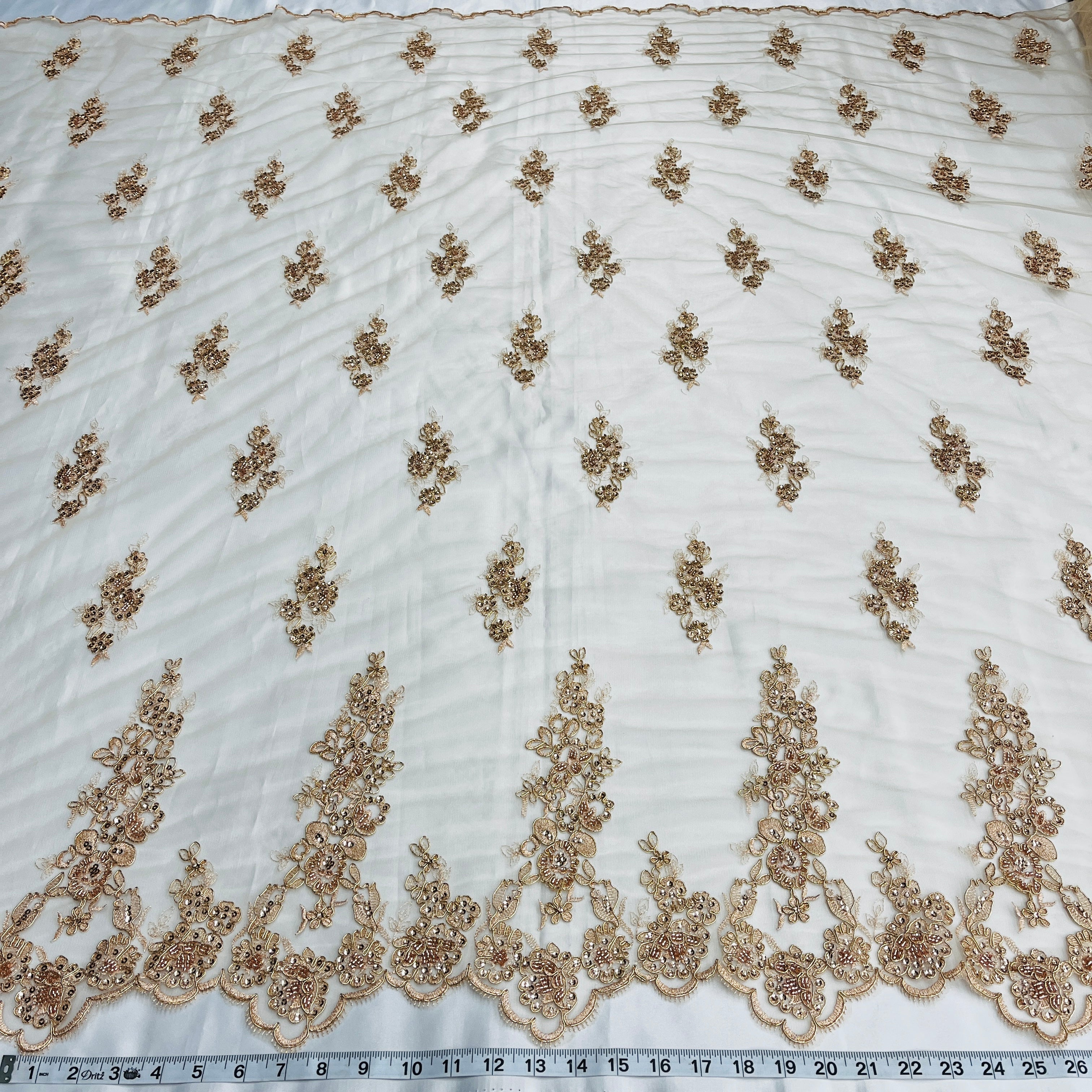 Beaded & Corded Floral Bridal Lace Fabric with Scalloped Border on Net Mesh | Lace USA - 91443W-HB