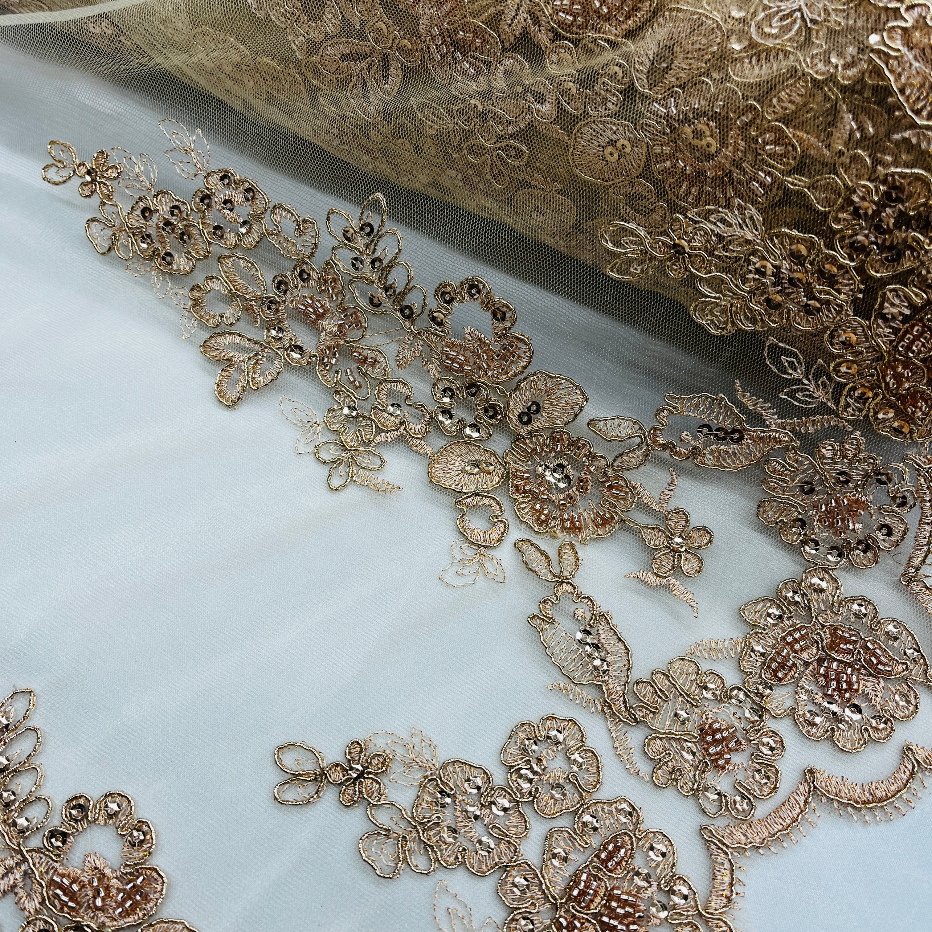 Beaded & Corded Floral Bridal Lace Fabric with Scalloped Border on Net Mesh | Lace USA - 91443W-HB