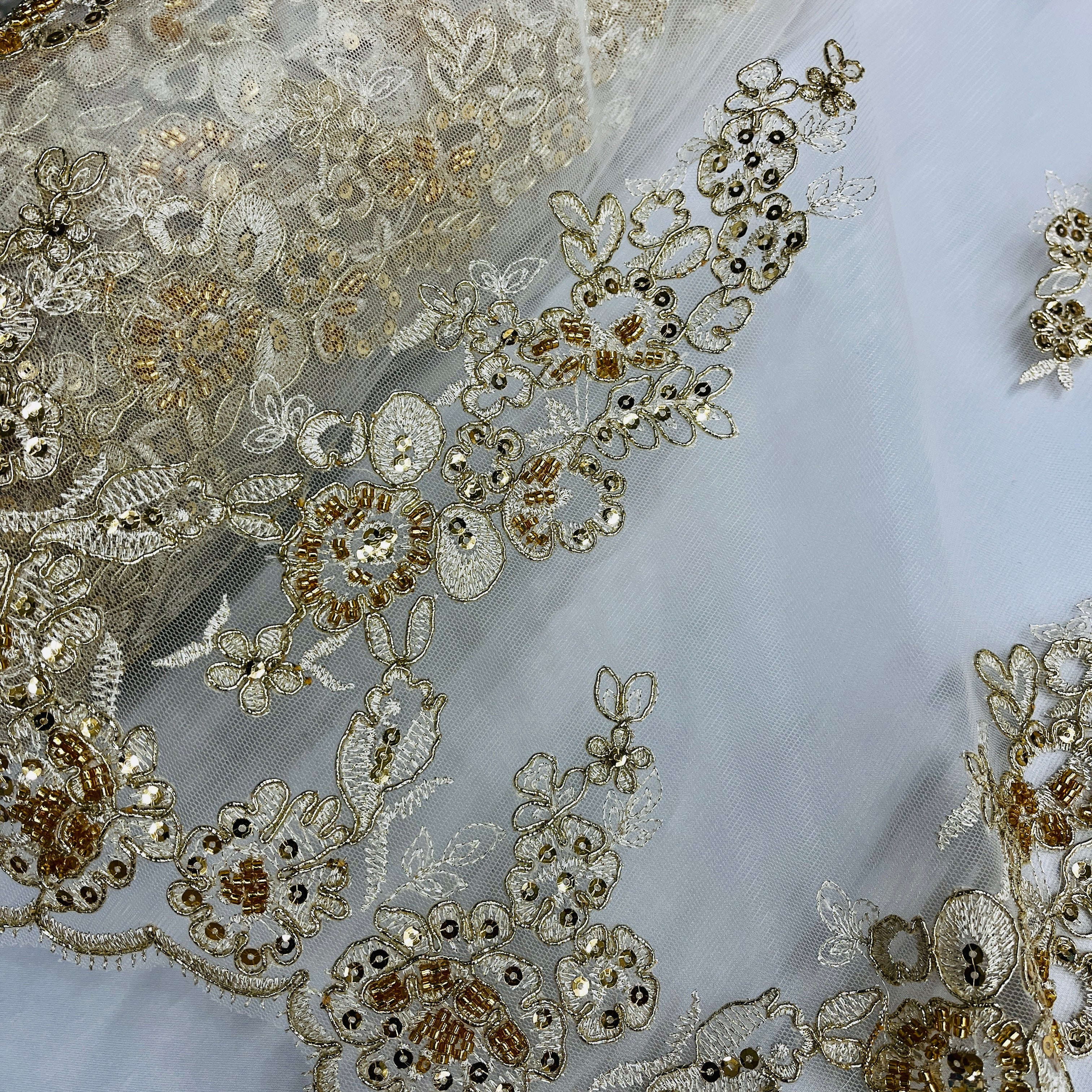 Beaded & Corded Floral Bridal Lace Fabric with Scalloped Border on Net Mesh | Lace USA - 91443W-HB