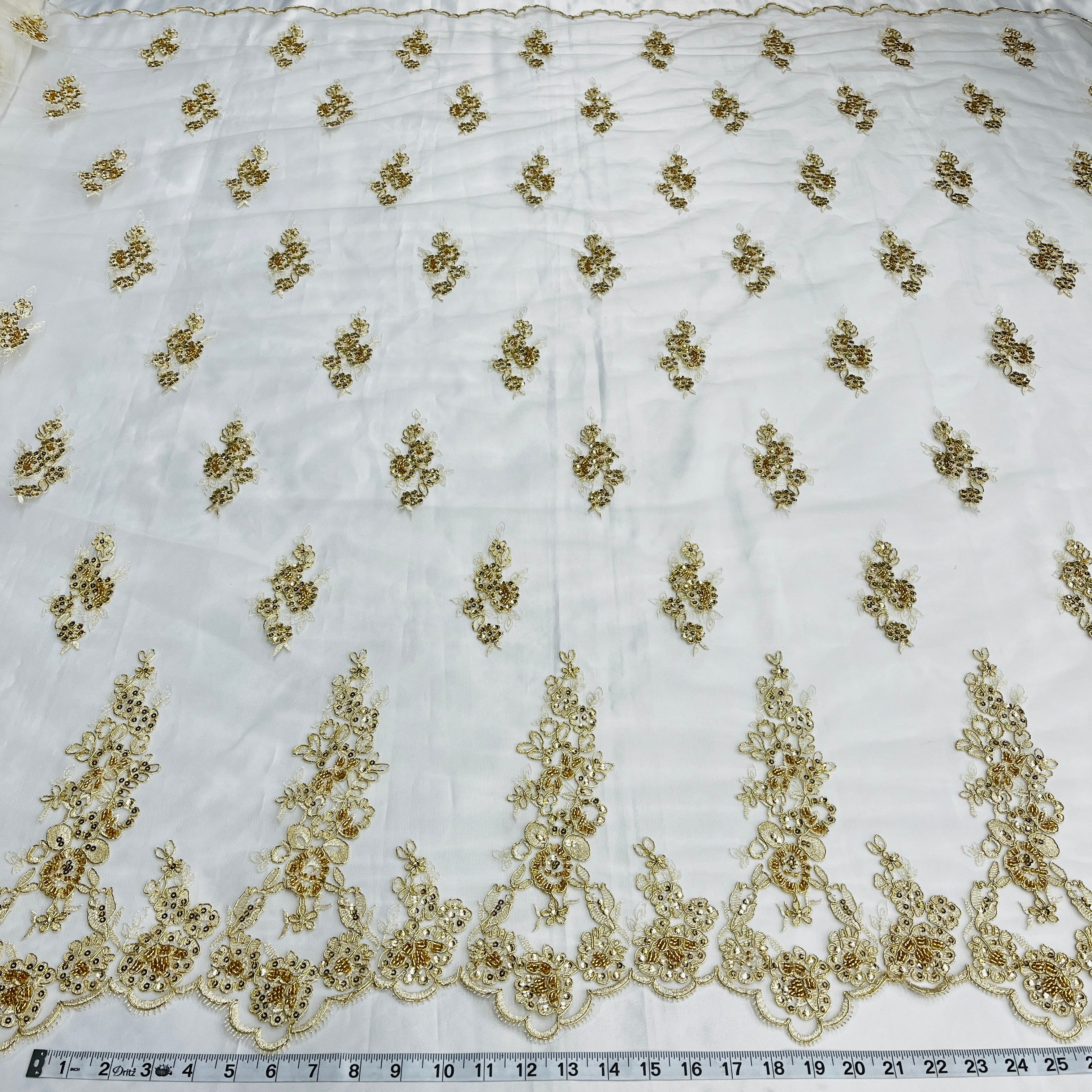 Beaded & Corded Floral Bridal Lace Fabric with Scalloped Border on Net Mesh | Lace USA - 91443W-HB