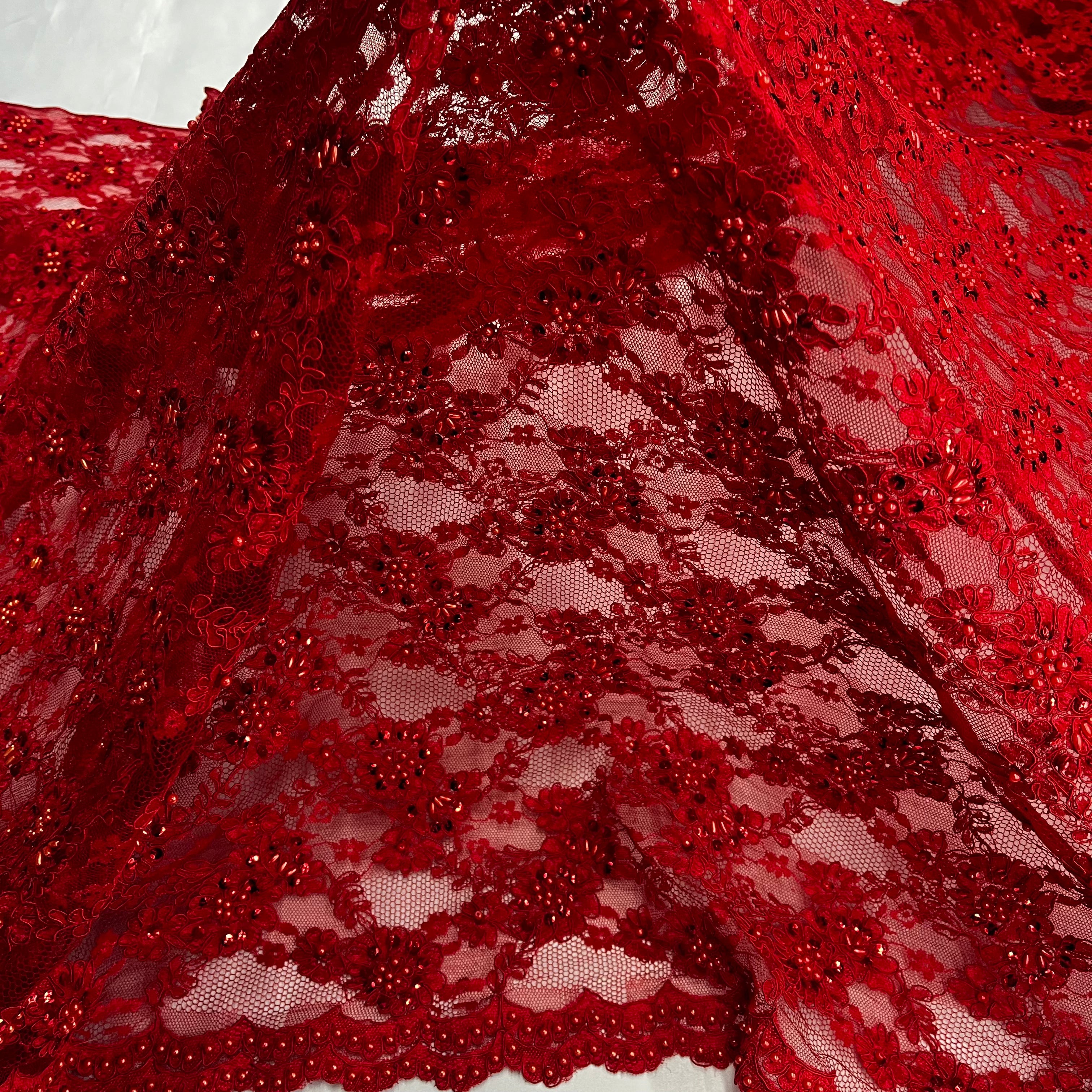 Beaded & Corded Floral Lace Fabric for Wedding, Dance & Quinceañera Dresses | Lace USA - 95994W-BP