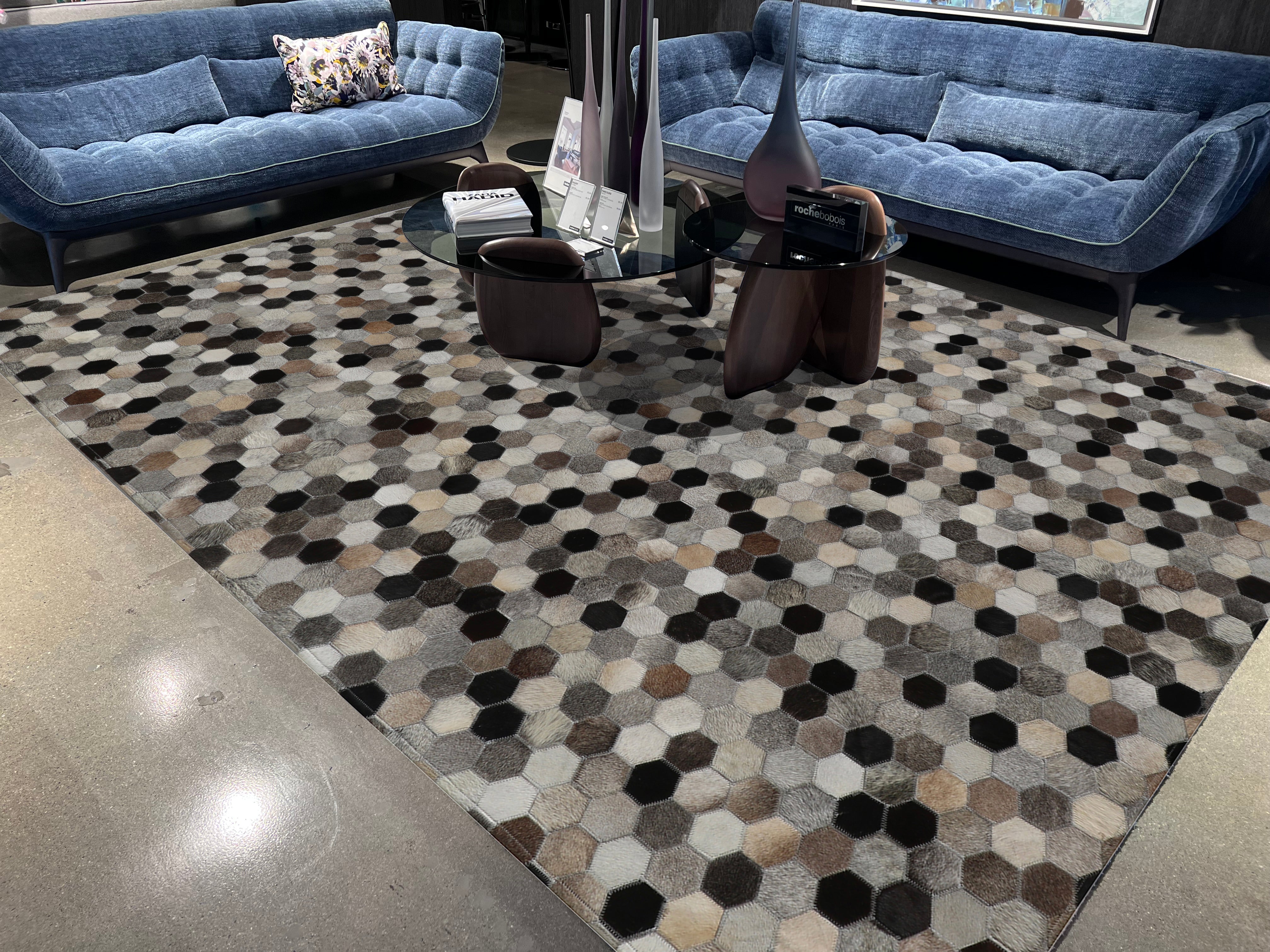Geometric Octagon Cowhide Patchwork Rug – Earthy Browns with Black Accents - Patchwork PCH217