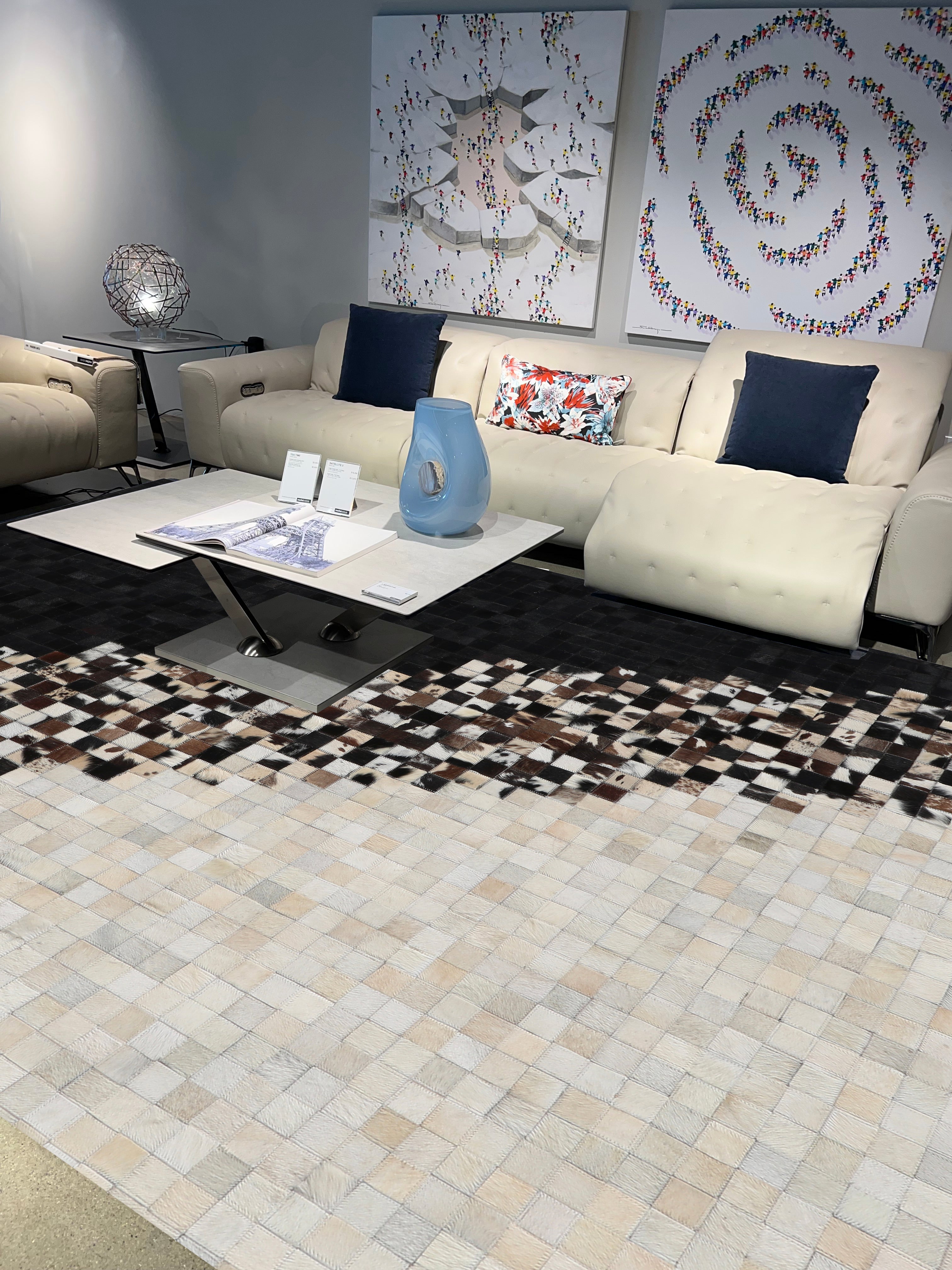 Modern Geometric Cowhide Rug – Black & White with Earth-Tone Checkers – 100% Real - Tikkul Black and White Patchwork Cowhide