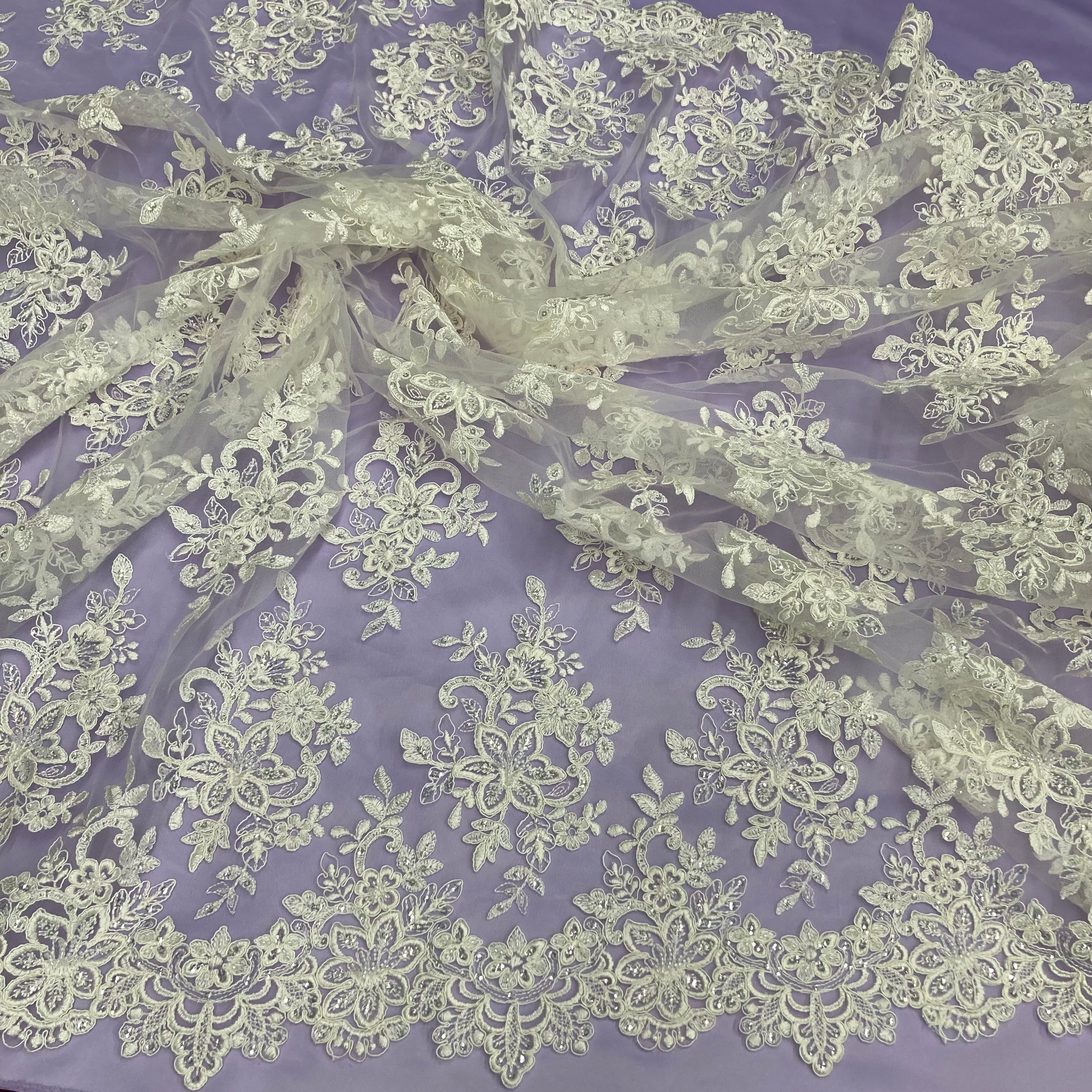 Beaded & Corded Bridal Lace Fabric Embroidered on 100% Polyester Net Mesh | Lace USA - 96983W-HB