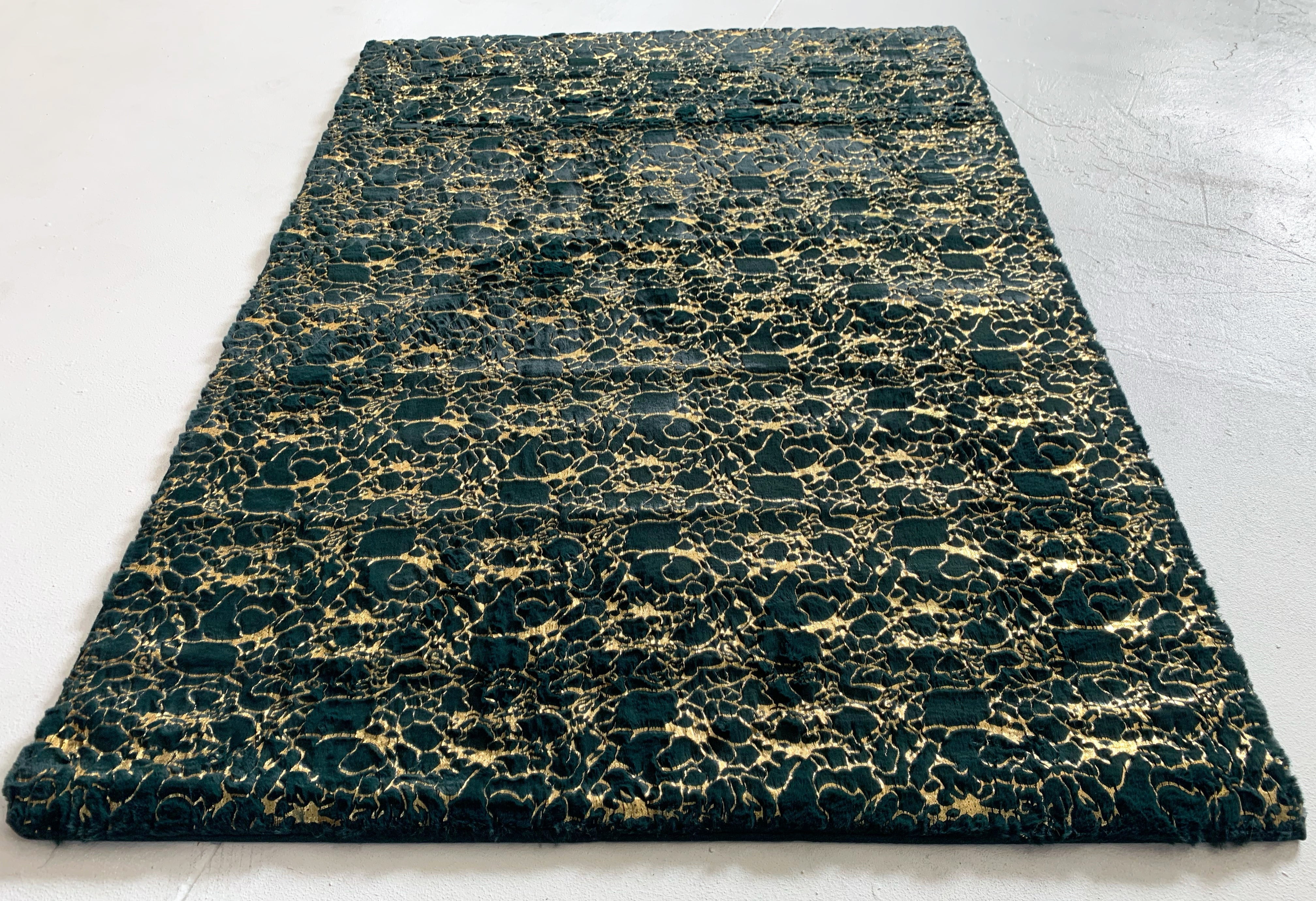 Hunter Green With Golden Metallic Shimmery Design Faux Rabbit Touch Rugs