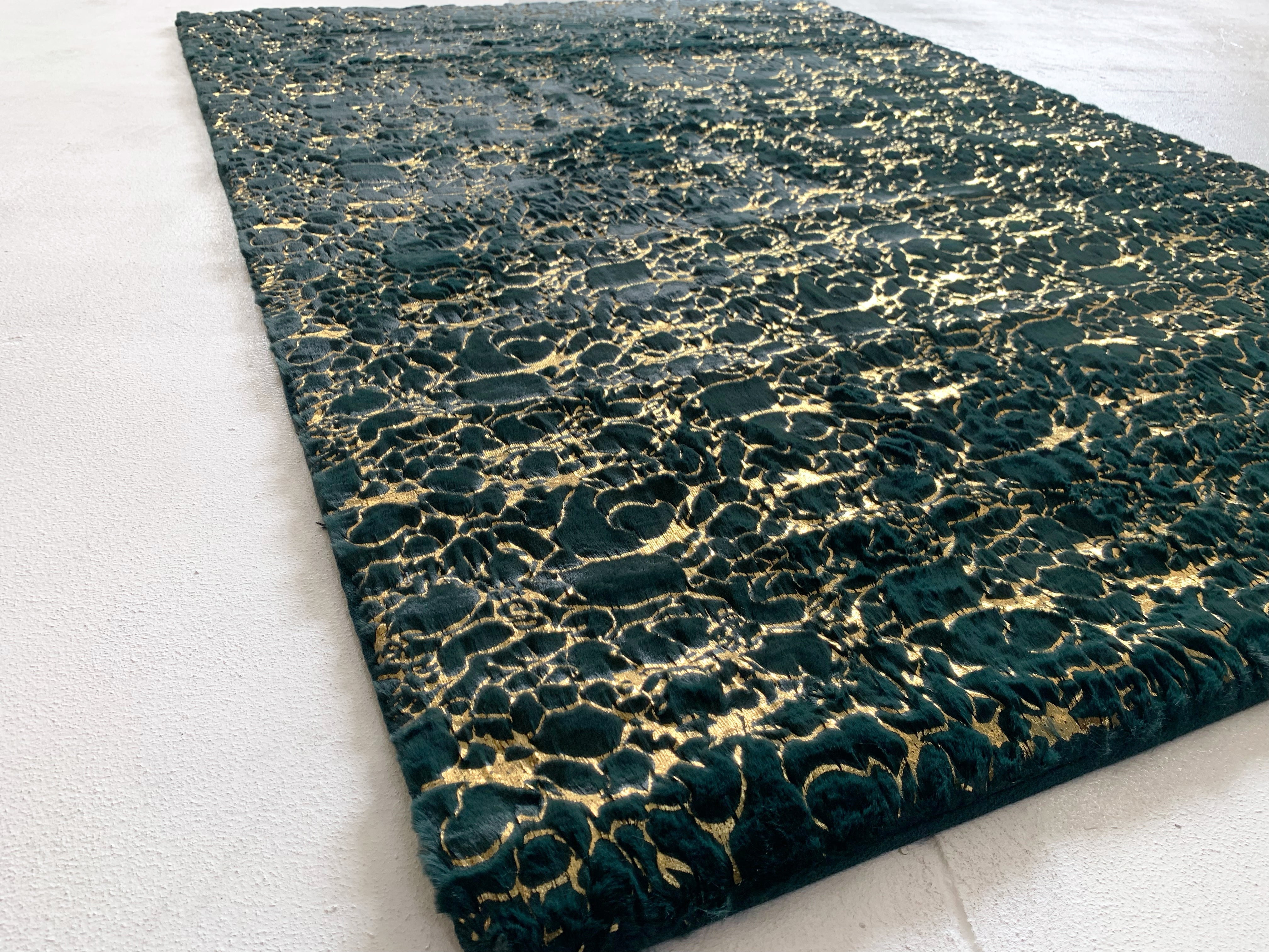 Hunter Green With Golden Metallic Shimmery Design Faux Rabbit Touch Rugs