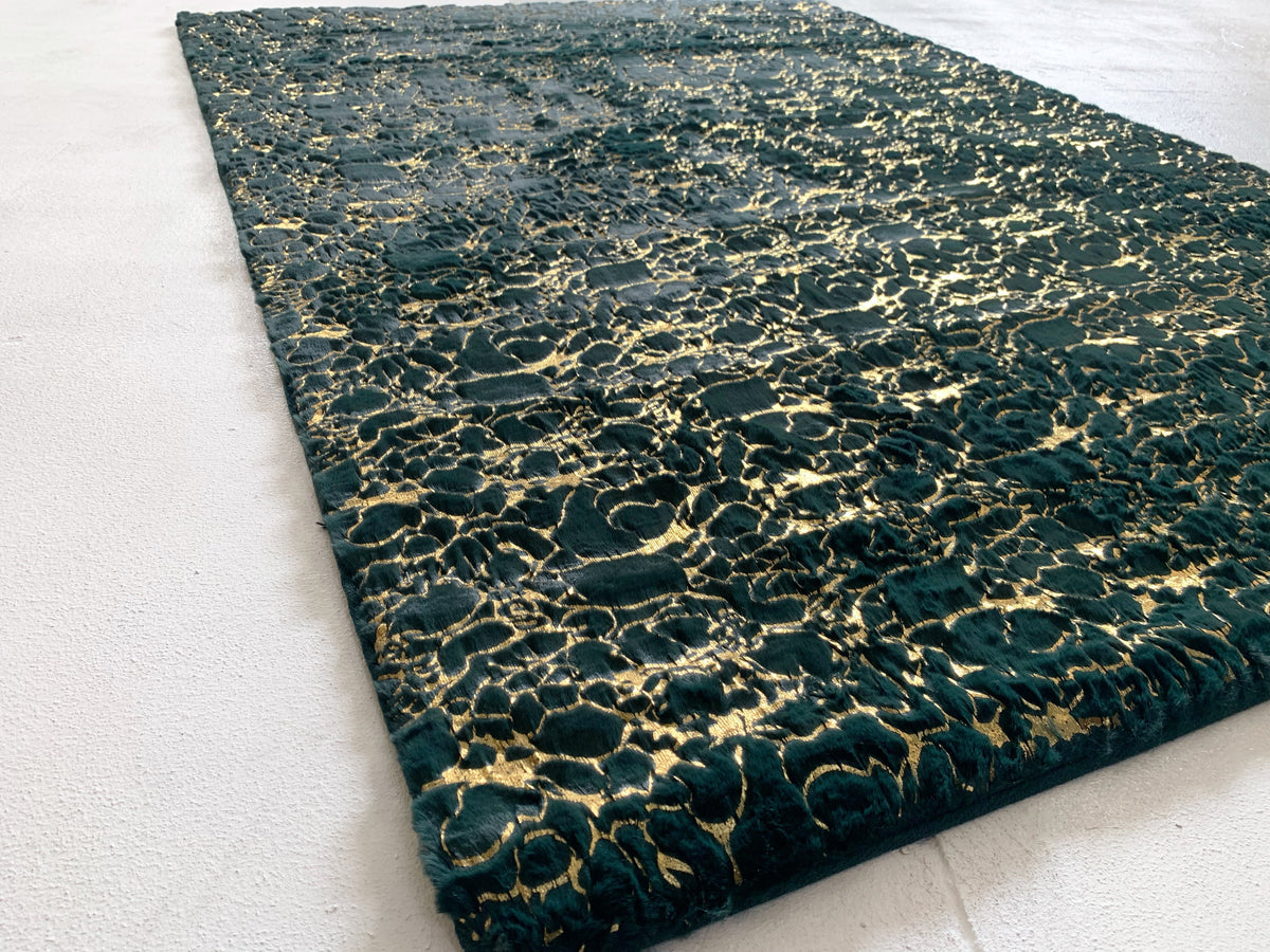Hunter Green With Golden Metallic Shimmery Design Faux Rabbit Touch Rugs