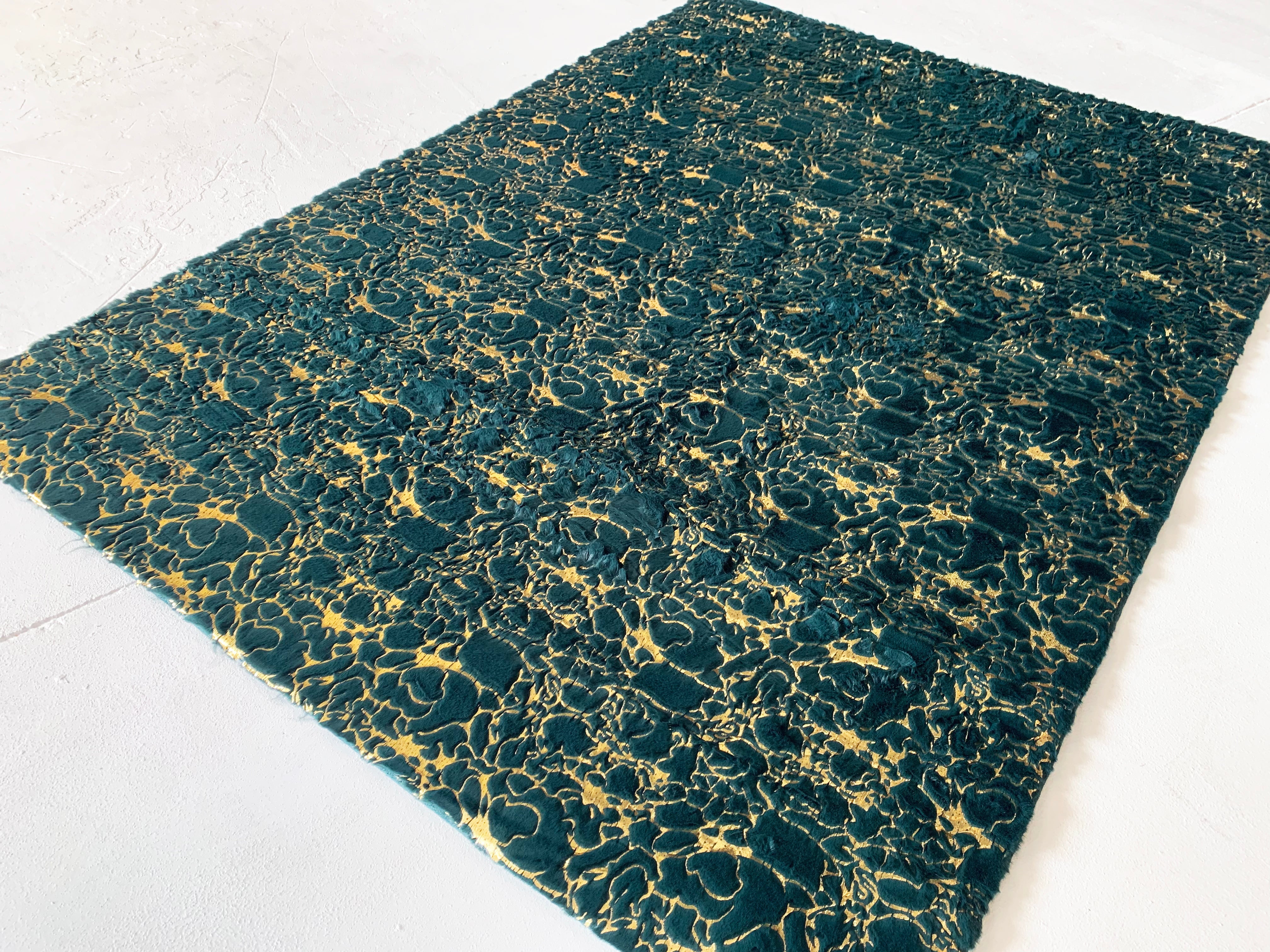 Hunter Green With Golden Metallic Shimmery Design Faux Rabbit Touch Rugs