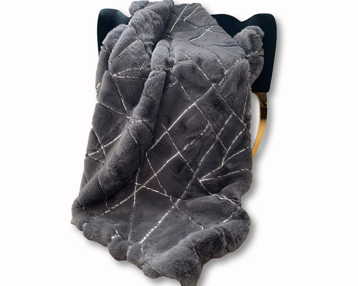 Metallic Golden Scattered Shimmery Design Faux Rabbit Touch Soft Throw Blanket - Coverlet/ Quilt/ Throw/ Bedspread/ Bedcover