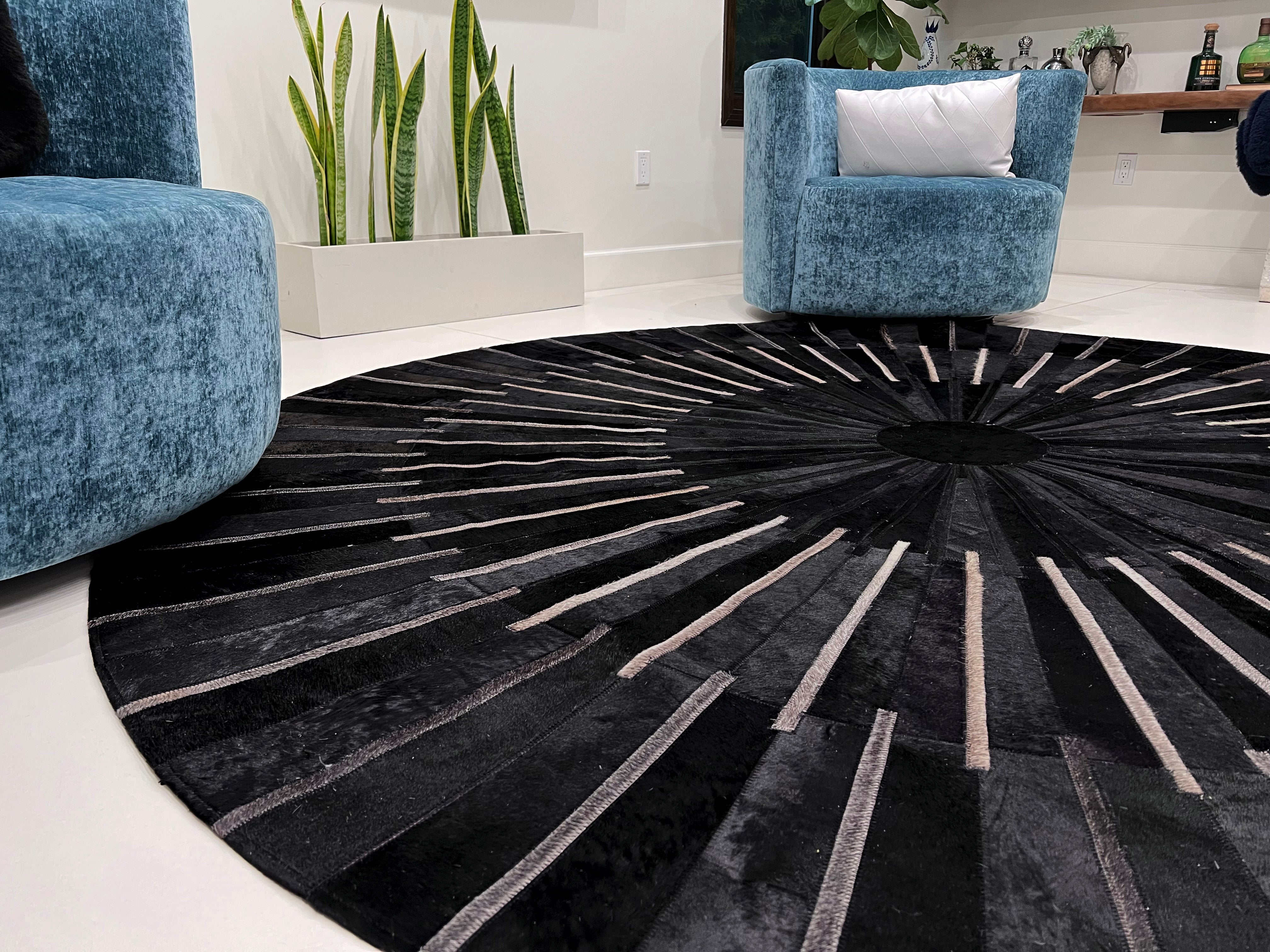 Geometric Round Cowhide Patchwork Rug – Black with Charcoal Stripes - Patchwork PCH216 Round