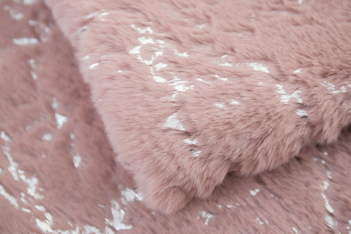 Rose Pink with Silver Metallic Shimmery Design Faux Rabbit Touch Rug