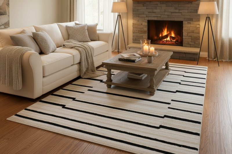 Soft Cream Rug with High-Low 3D Detail with Black/Neutral Striped Bohemian Motif - TIA 102.