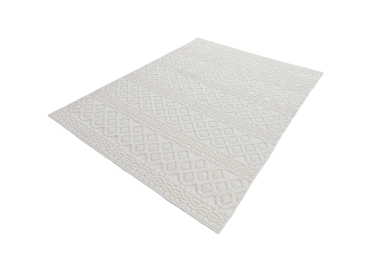 Soft White/ Cream Rug with Bohemian Motif and High-Low Texture - TIA 101.