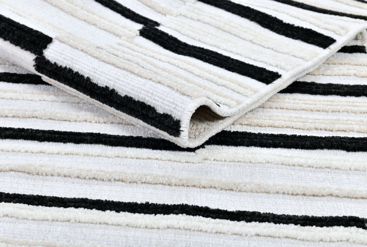 Soft Cream Rug with High-Low 3D Detail with Black/Neutral Striped Bohemian Motif - TIA 102.
