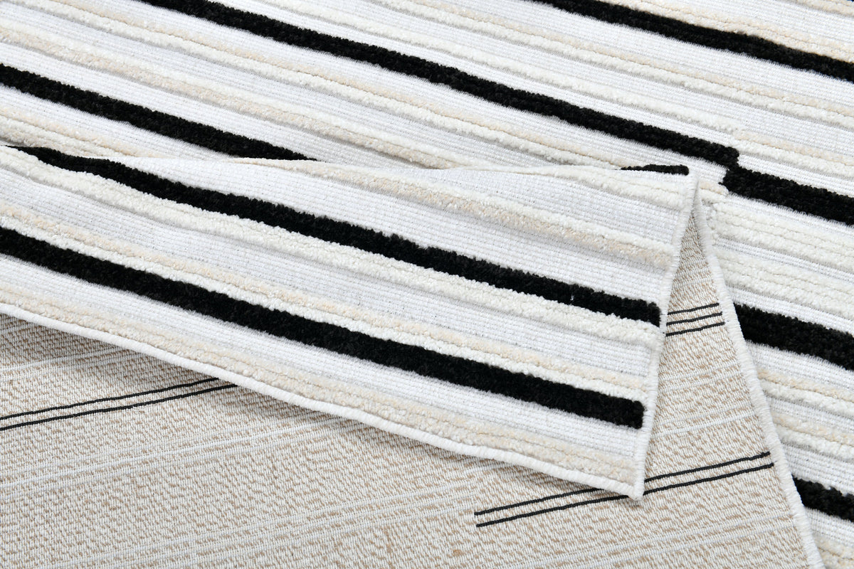 Soft Cream Rug with High-Low 3D Detail with Black/Neutral Striped Bohemian Motif - TIA 102.