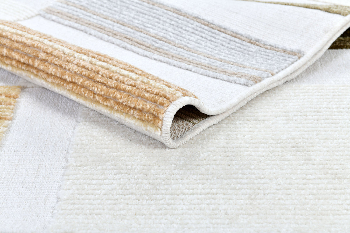 Cream Boho Area Rug – High-Low Texture with Earthy Hues of Mustard, Green & Beige - TIA 103.