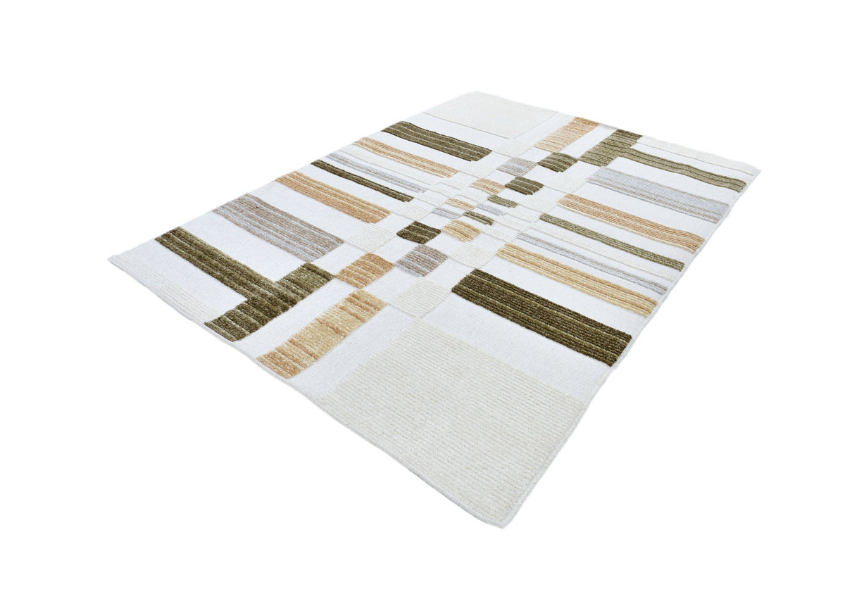 Cream Boho Area Rug – High-Low Texture with Earthy Hues of Mustard, Green & Beige - TIA 103.