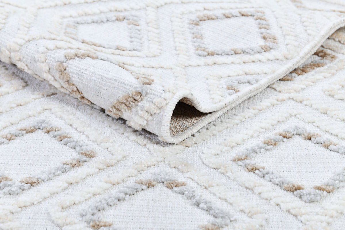 Soft Cream Rug with Brown and Beige Bohemian Motif and High-Low Texture - TIA 106.