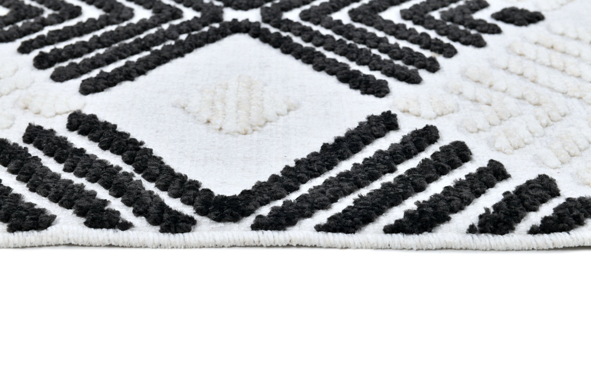 Soft Cream Rug with Beige Tones and Bohemian Black & Brown High-Low Motif - TIA 107.