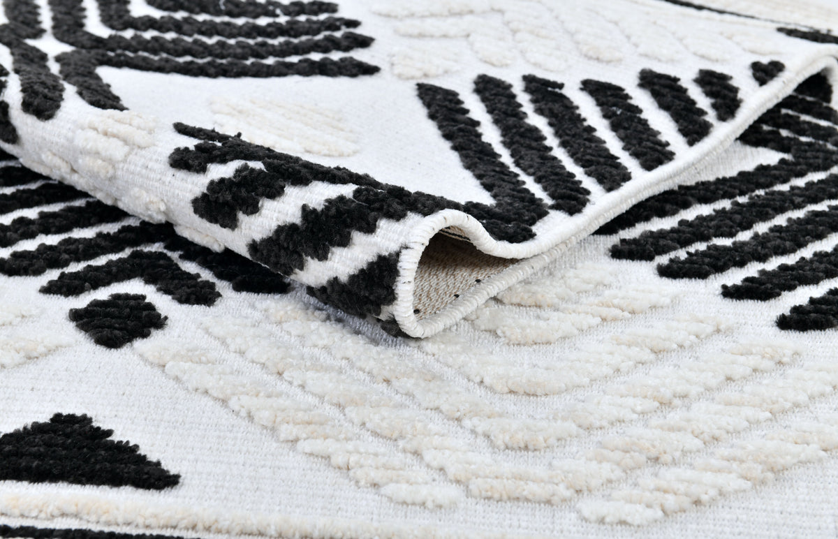 Soft Cream Rug with Beige Tones and Bohemian Black & Brown High-Low Motif - TIA 107.