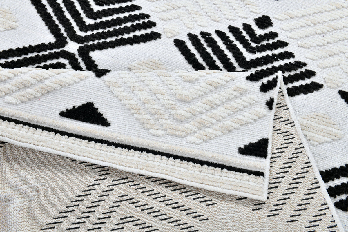 Soft Cream Rug with Beige Tones and Bohemian Black & Brown High-Low Motif - TIA 107.