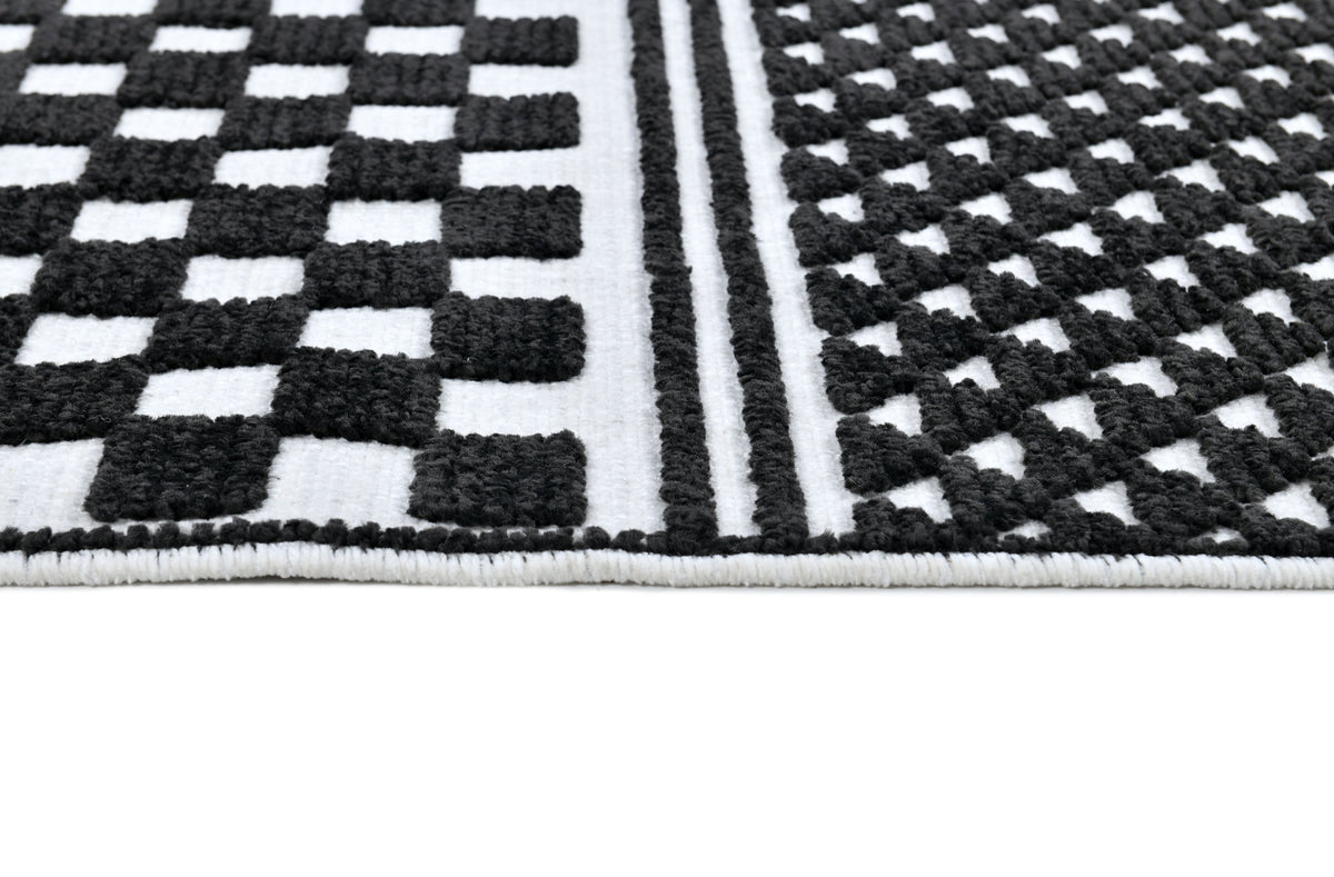 Bohemian Cream Rug – Black Geometric Pattern with Raised High-Low Detail - TIA 108.