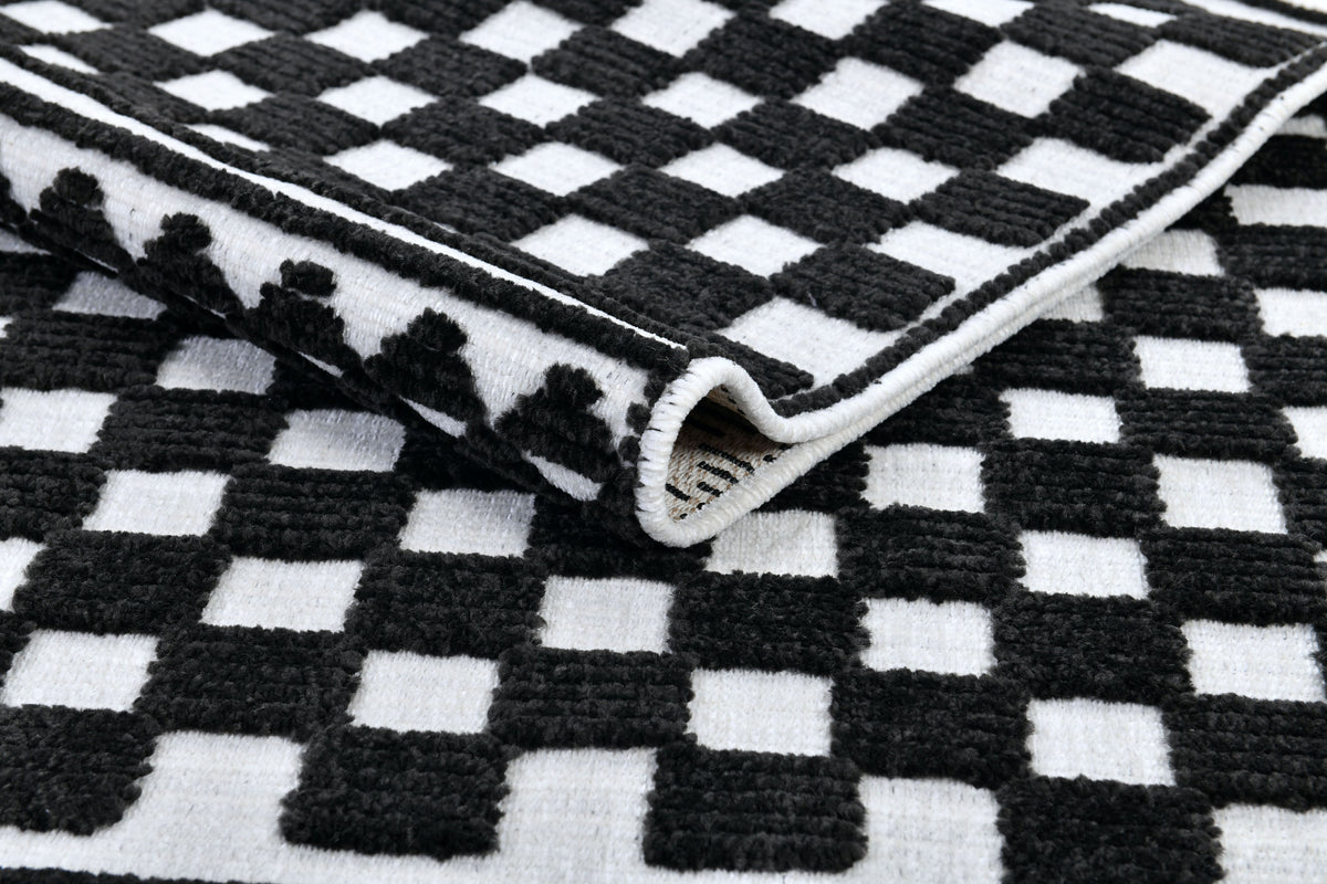 Bohemian Cream Rug – Black Geometric Pattern with Raised High-Low Detail - TIA 108.