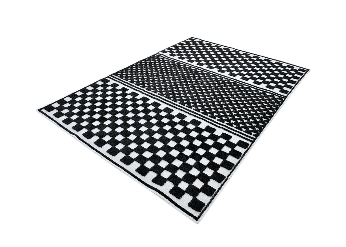 Bohemian Cream Rug – Black Geometric Pattern with Raised High-Low Detail - TIA 108.