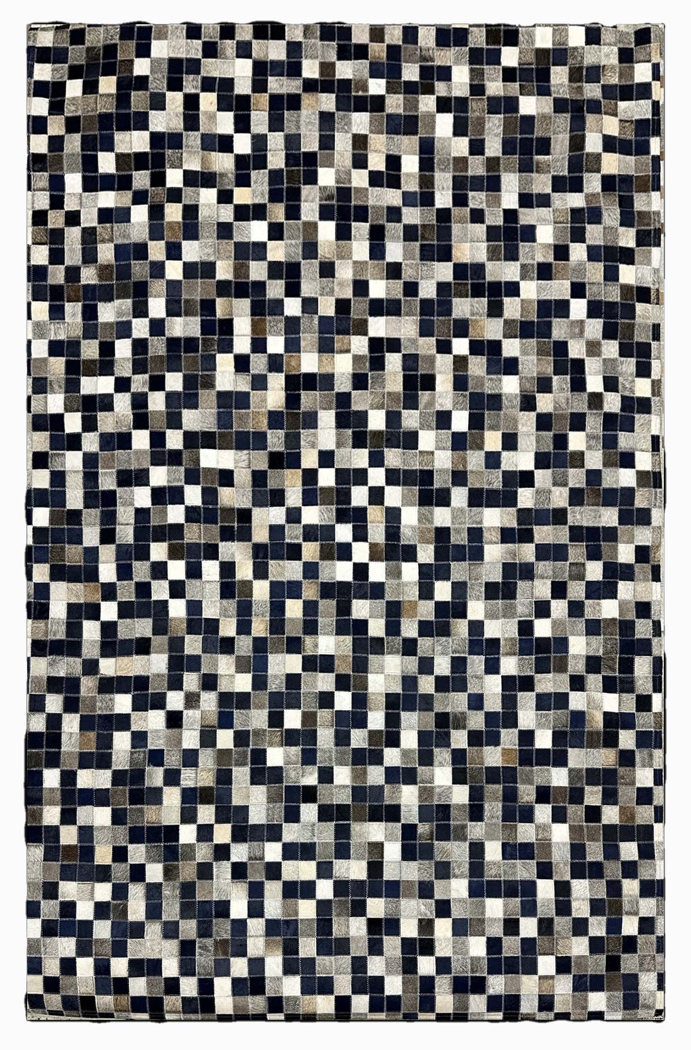 Geometric Square Cowhide Rug – Navy, Brown & Ivory Color Block Design - Tikkul Navy Patchwork Cowhide