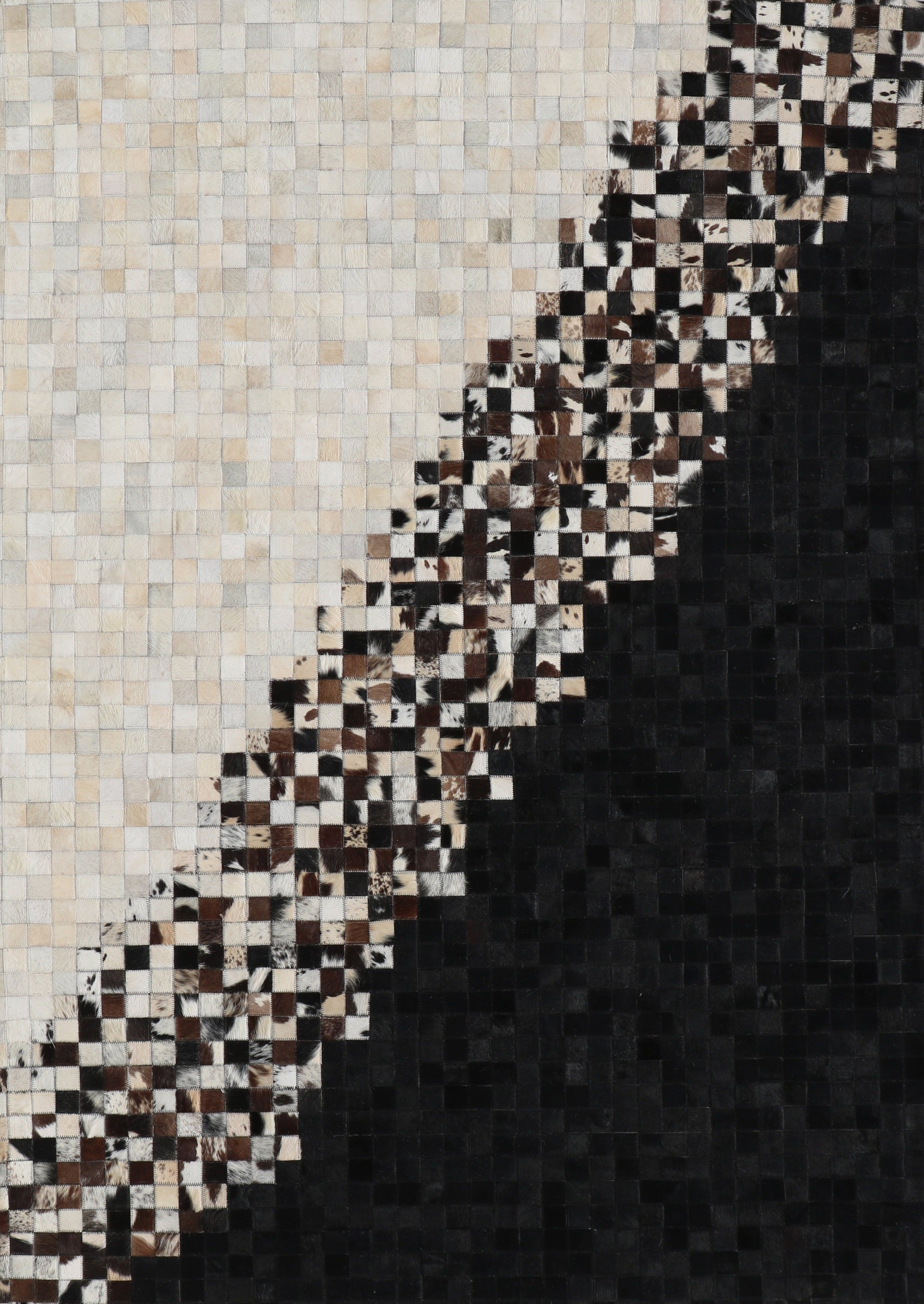 Modern Geometric Cowhide Rug – Black & White with Earth-Tone Checkers – 100% Real - Tikkul Black and White Patchwork Cowhide