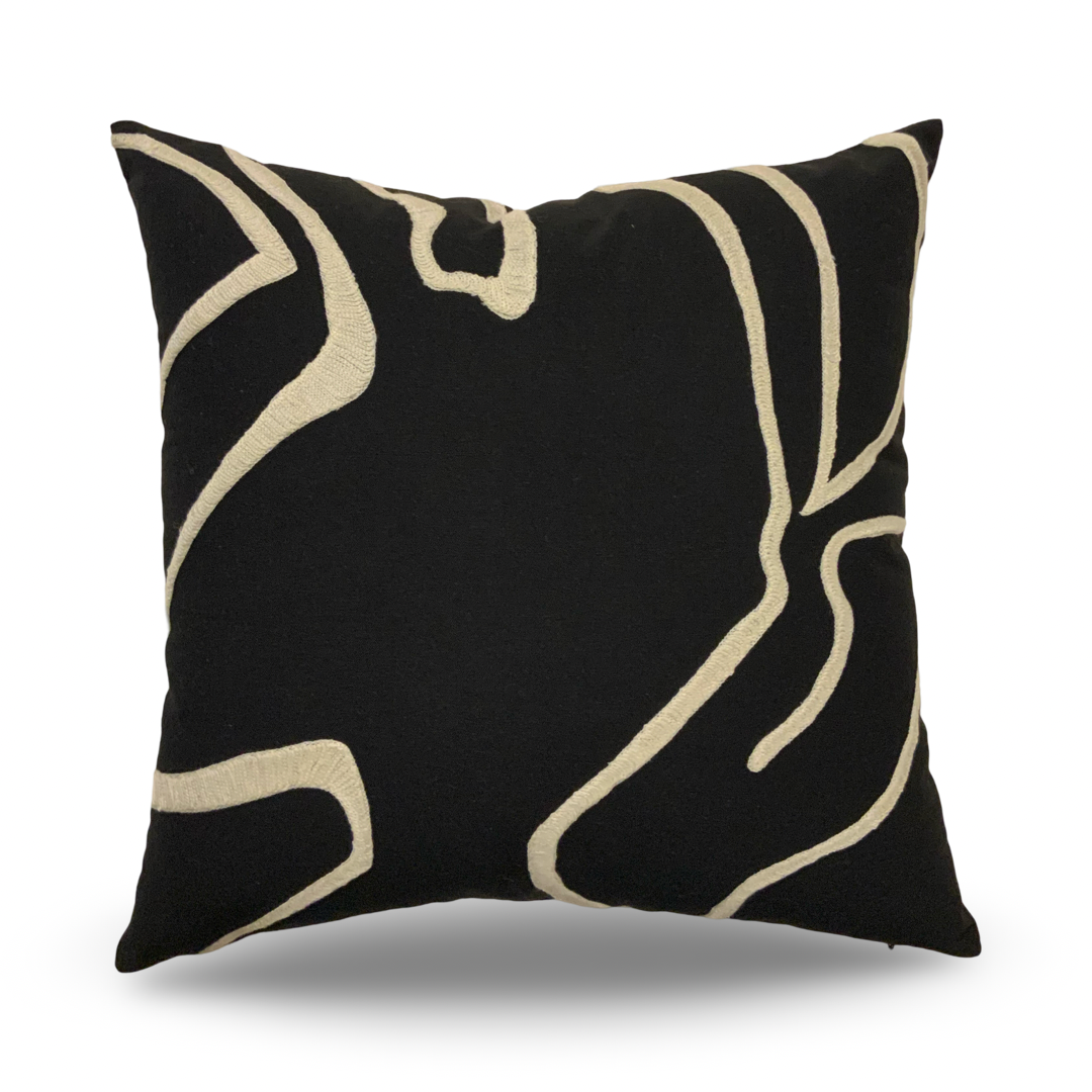 Black Velvet Throw Pillow with Sandy Beige Abstract Embroidery - VIVA013.