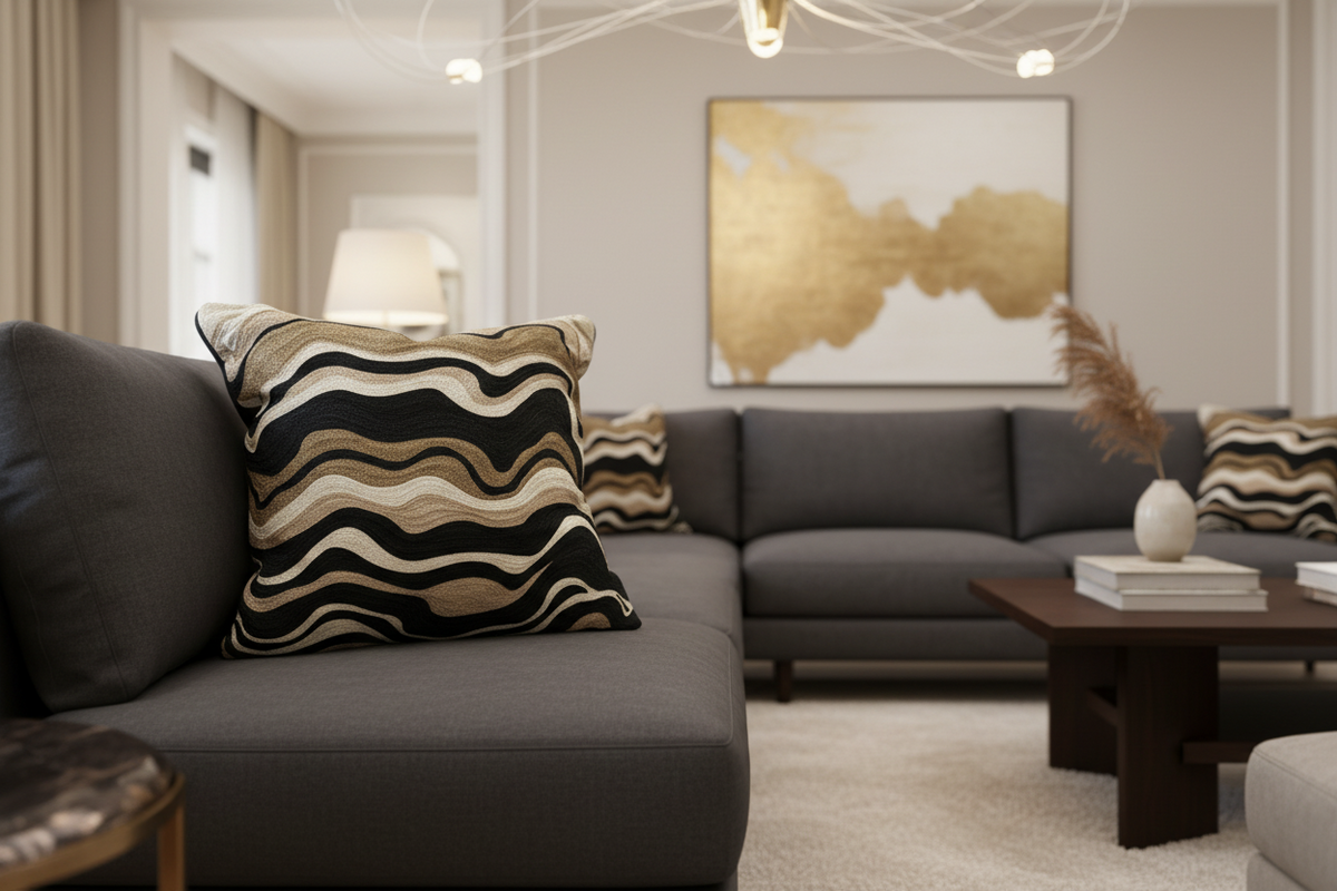 Black Velvet Throw Pillow with Bronze, Black, Beige & Ivory Abstract Embroidery - SEV005.