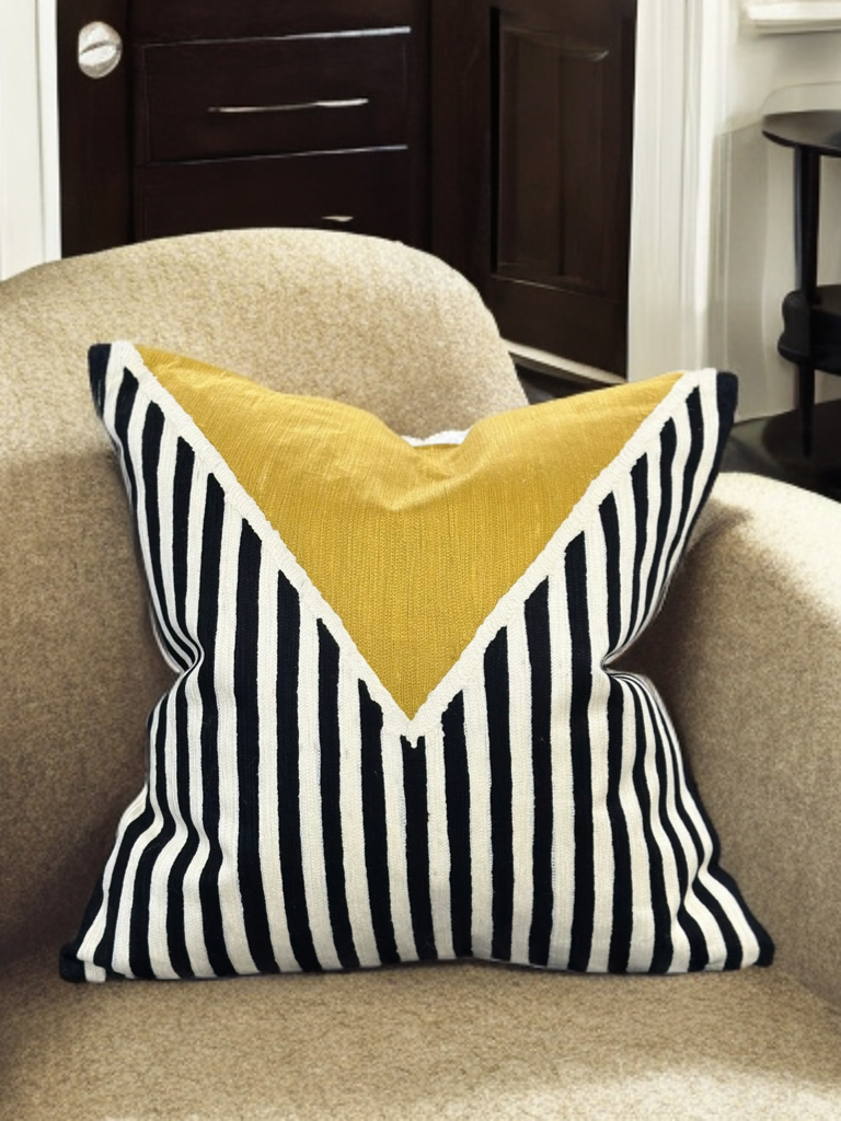 White Base Decorative Throw Pillow with Black & Ivory Geometric Embroidery and Mustard Graphic - VIVA012.