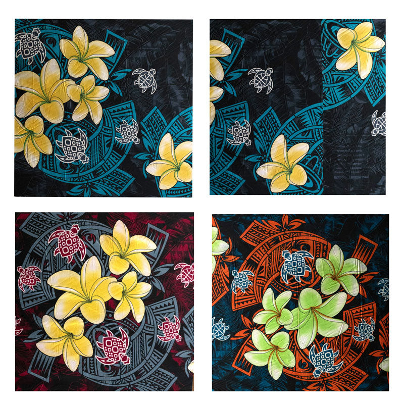 Plumeria Turtles Traditional Tribal design Peachskin Fabric | Islands Fabric