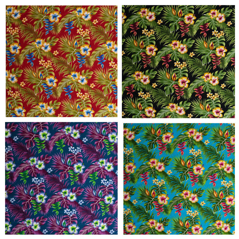 Hibiscus Plumeria Split Banana Palm Leaves Fabric | Rayon Poplin