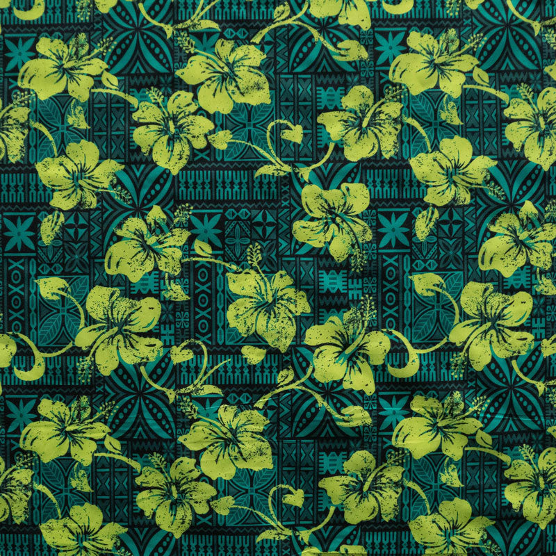 Hibiscus on Traditional Tapa design Polyester Fabric | Islands Fabric