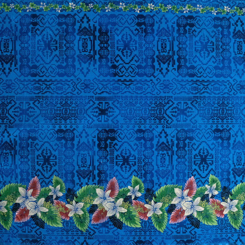 Tropical Flowers and Leaves Double Border Peachskin Fabric | Islands Fabric