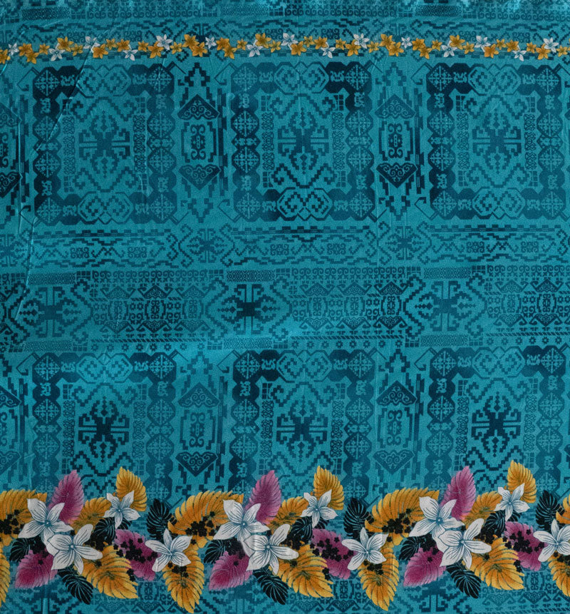 Tropical Flowers and Leaves Double Border Peachskin Fabric | Islands Fabric