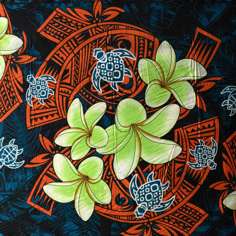 Plumeria Turtles Traditional Tribal design Peachskin Fabric | Islands Fabric