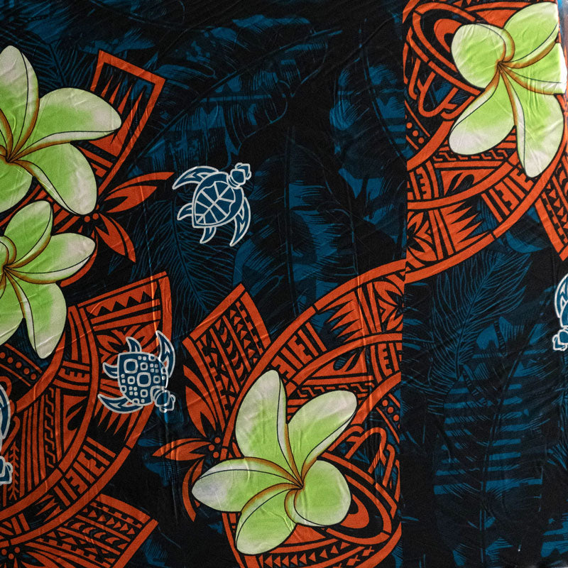 Plumeria Turtles Traditional Tribal design Peachskin Fabric | Islands Fabric