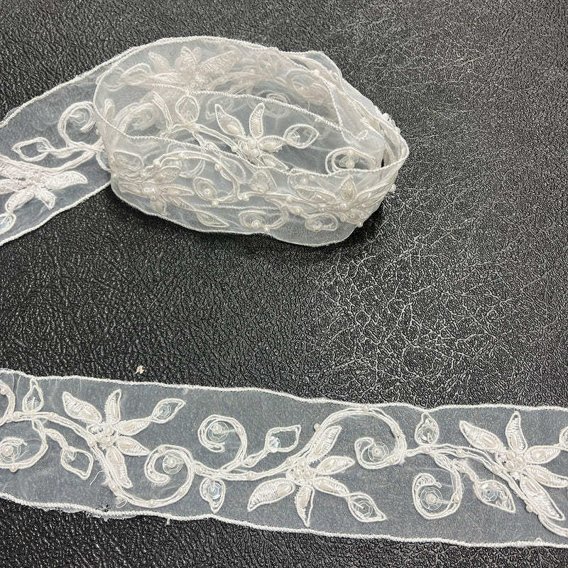 Beaded & Corded Lace Trimming Embroidered on 100% Polyester  Organza | Lace USA - 95128N-BPd