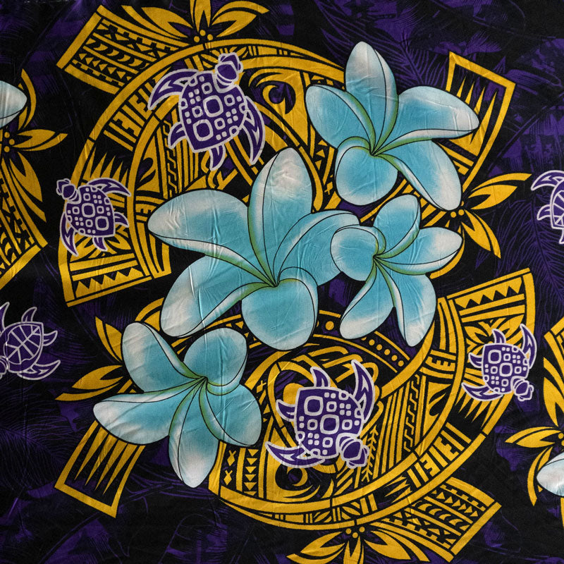 Plumeria Turtles Traditional Tribal design Peachskin Fabric | Islands Fabric