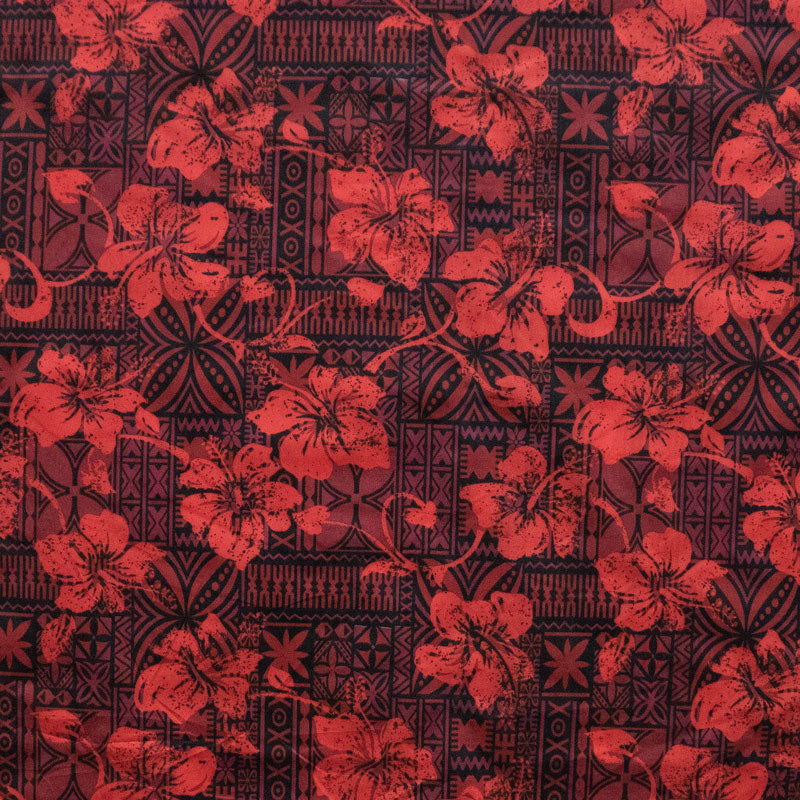 Hibiscus on Traditional Tapa design Polyester Fabric | Islands Fabric